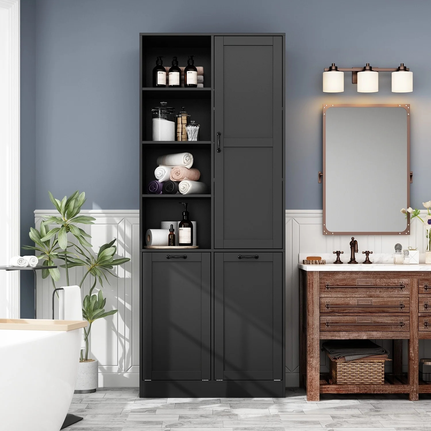 Sleek White Laundry Bathroom Cabinet with Unique Rotating Drawers