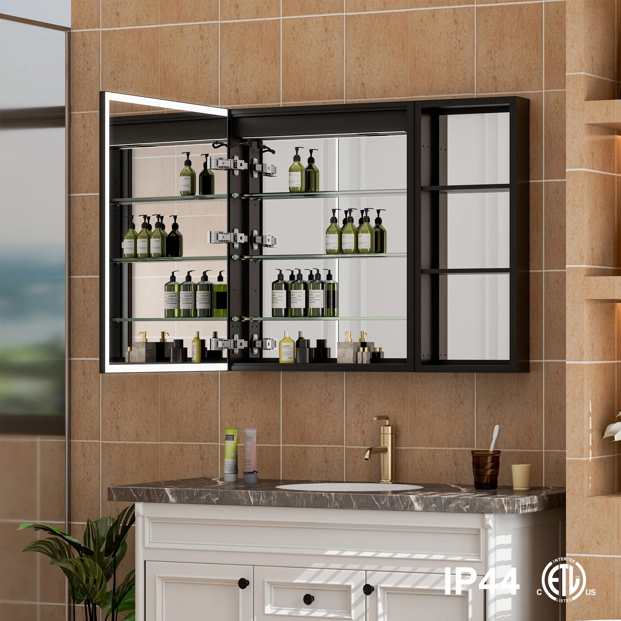 30 in. H Recessed or Surface Wall Mounted LED Mirror Cabinet With Black Side Cabinet