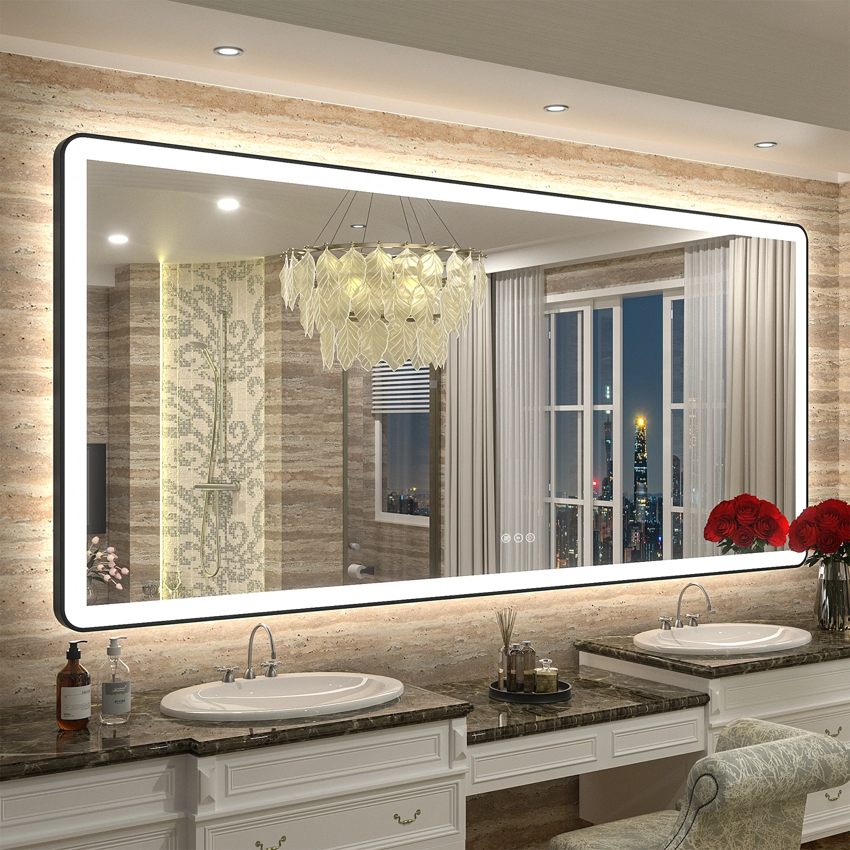Apmir Black Framed Front & Back LED Lighted Anti-Fog Bathroom Vanity Mirror in Tempered Glass