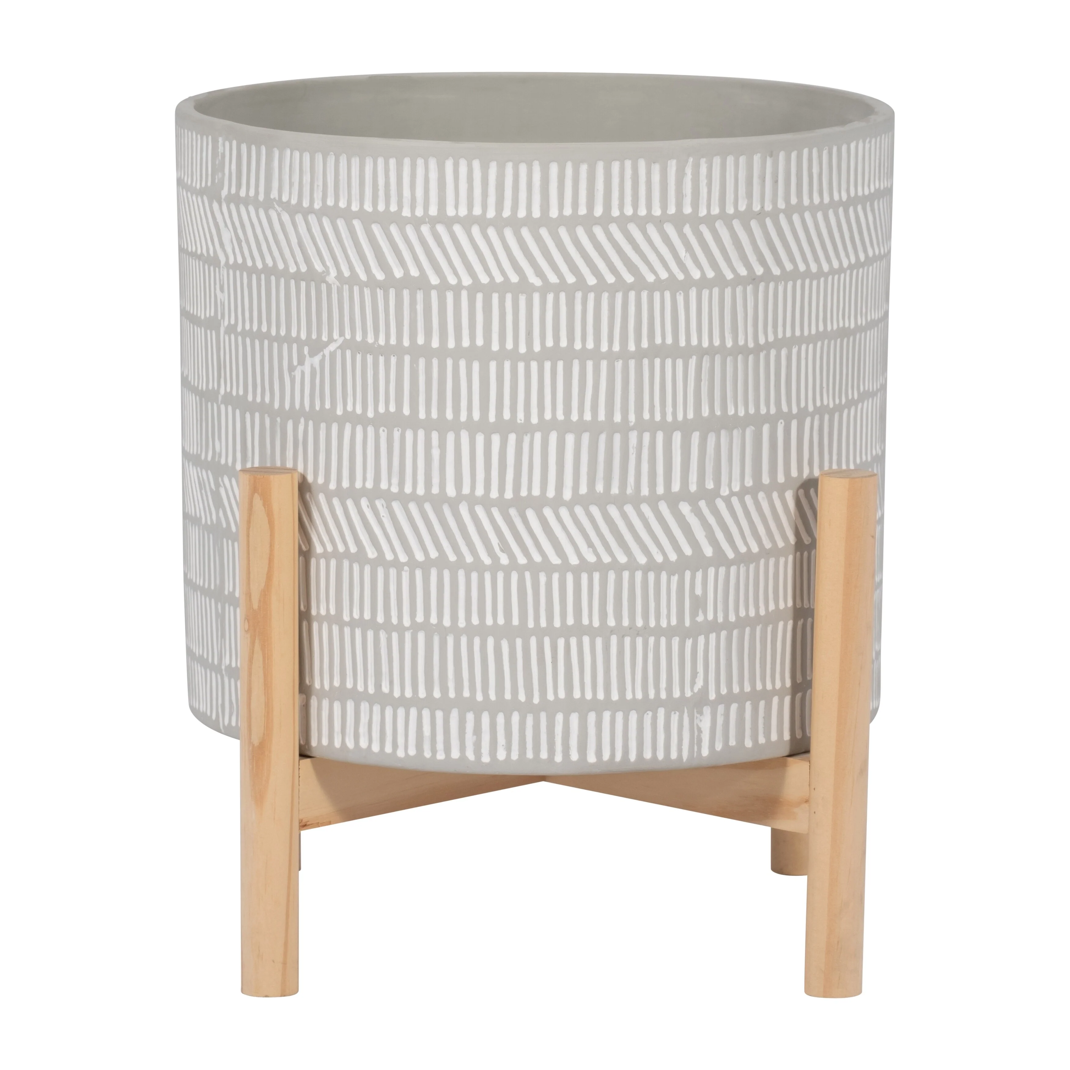 Sagebrook Home Neutral Ceramic Ivory Line Design Planter on Wooden Stand
