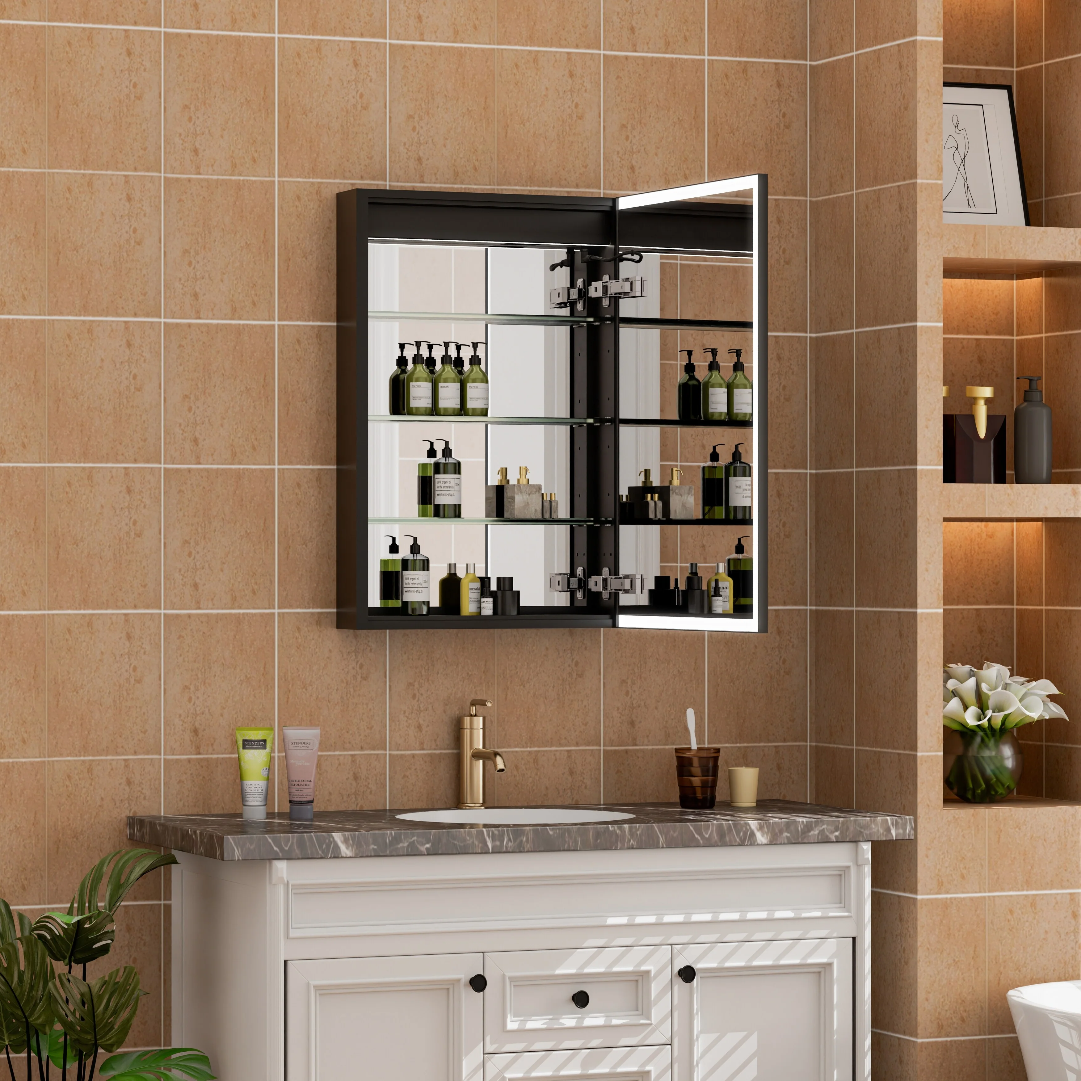 30'' H Recessed Or Surface Wall Mounted LED Mirror Cabinet With Mirror And Adjustable Shelves,Black Frame