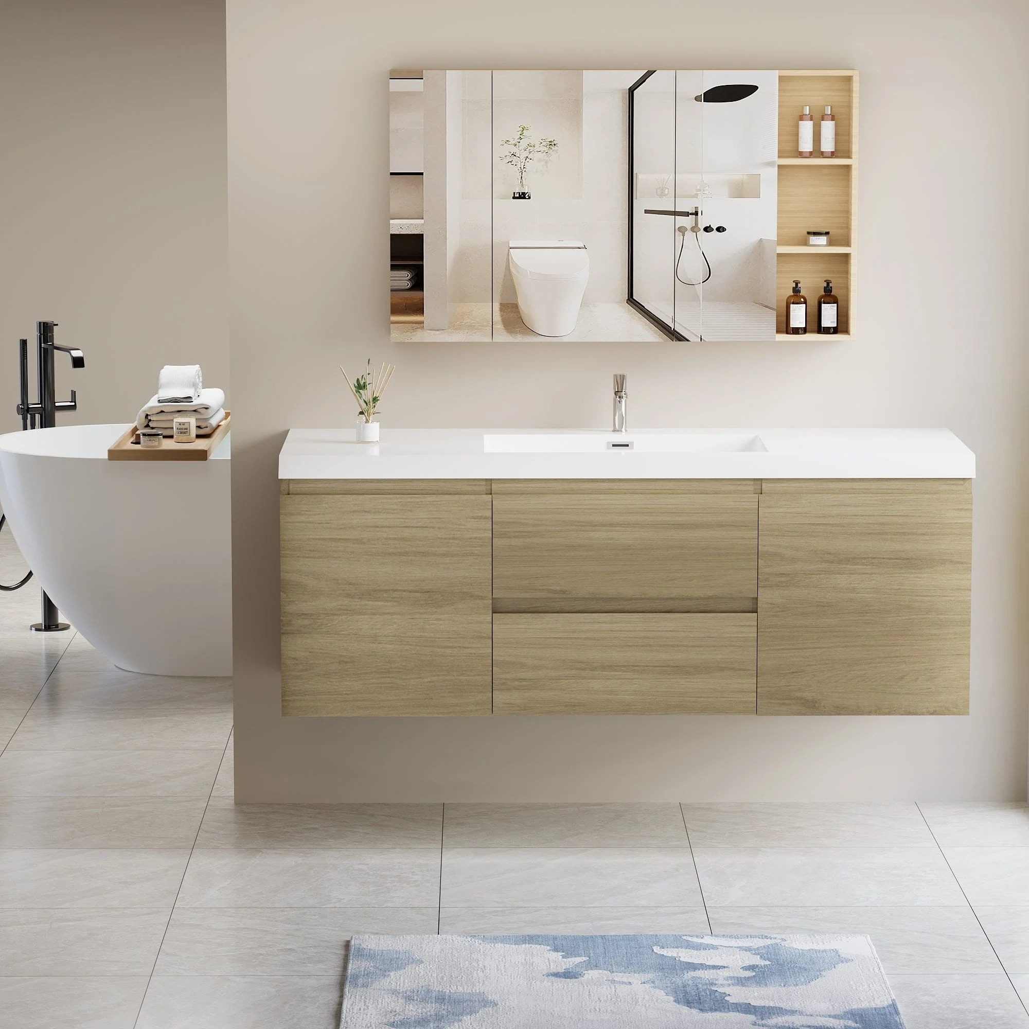 MDF Floating Bathroom Vanity with Integrated Resin Sink