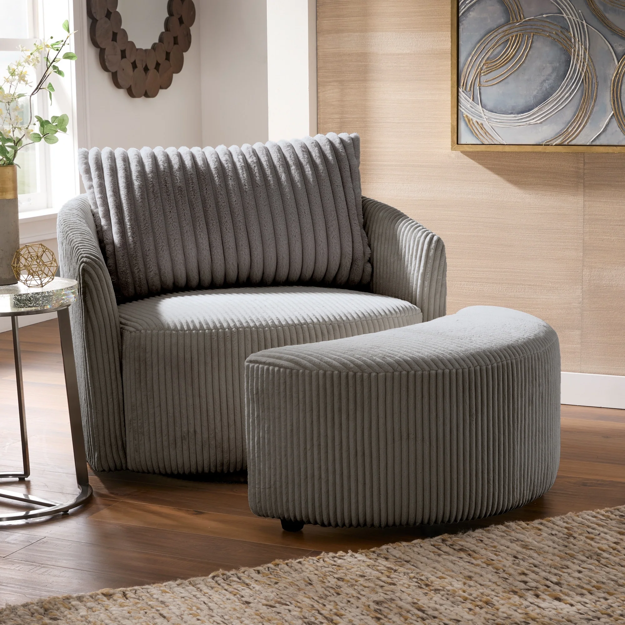 Sligo Oversized Wale Corduroy Swivel Accent Chair with Furry Channel Pillow and Ottoman by iNSPIRE Q Bold