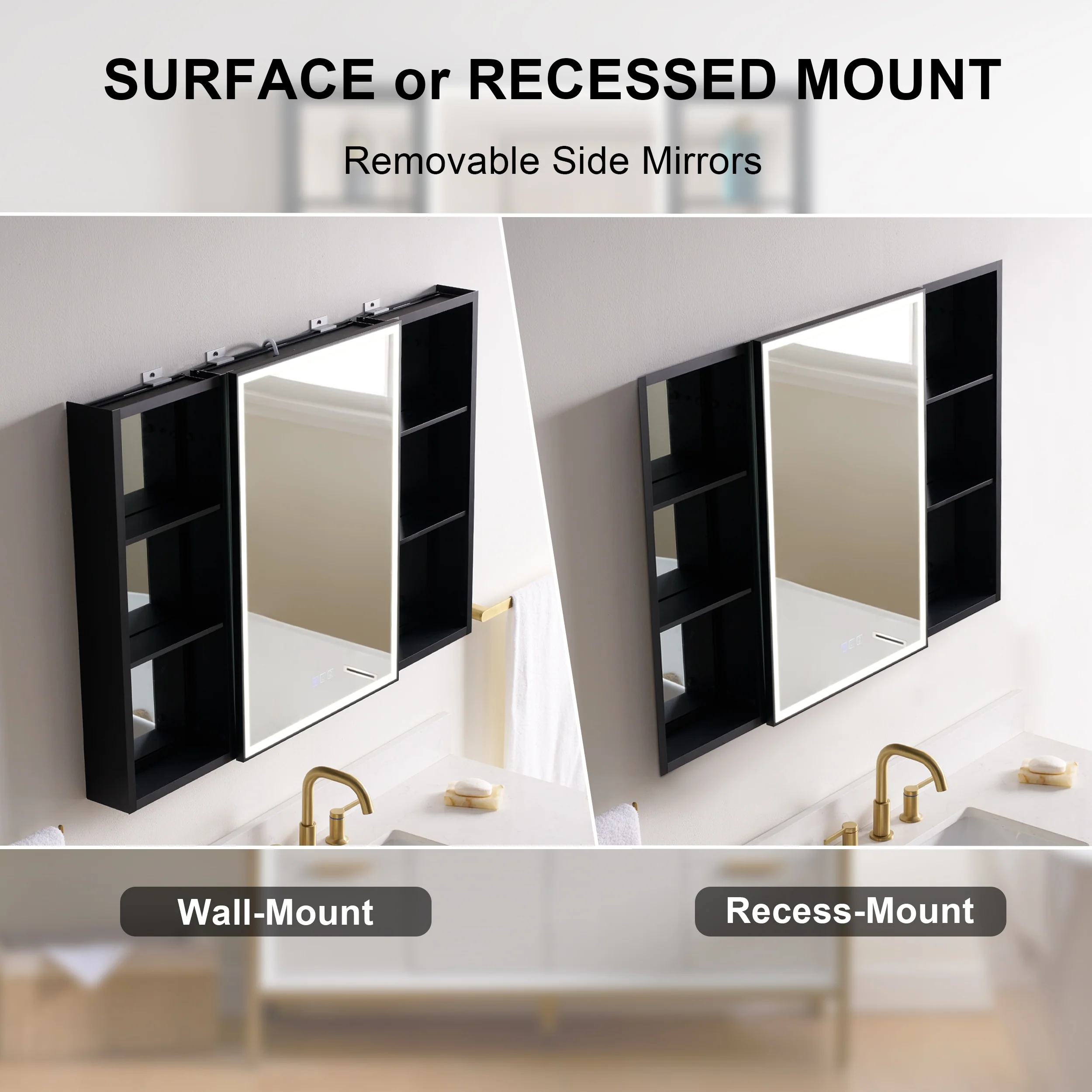 30 in. H Recessed or Surface Wall Mounted LED Mirror Cabinet With Black Side Cabinet