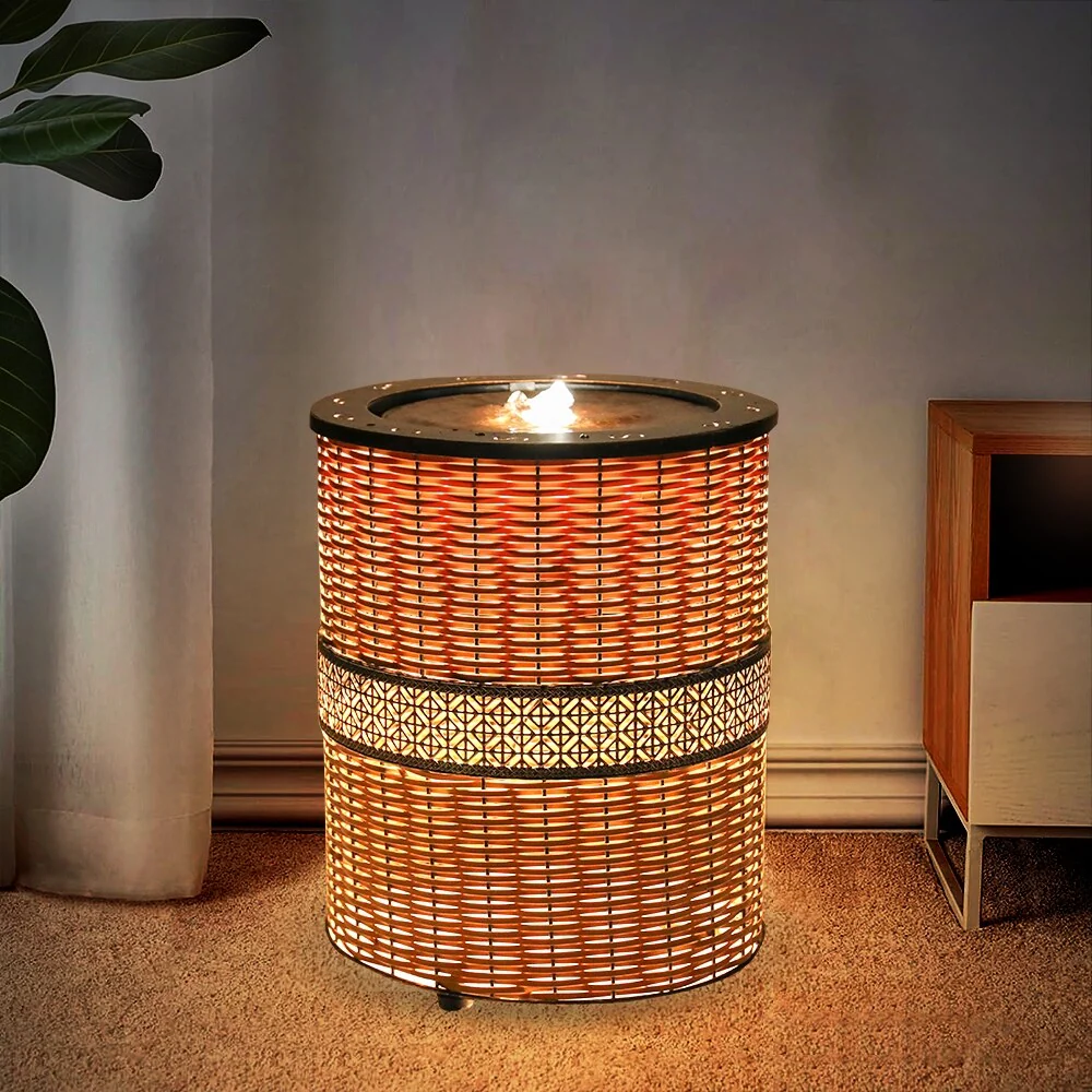 Indoor 16.9in H Round Rattan Water Fountain w/LED Light for Home Decor