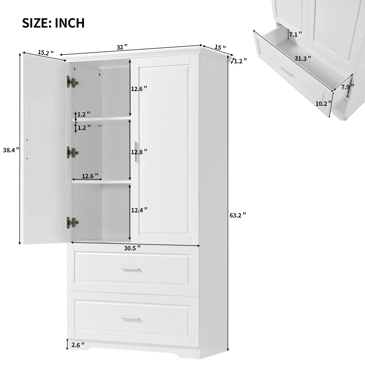 Tall Bathroom Storage Cabinet with Two Doors and Drawers