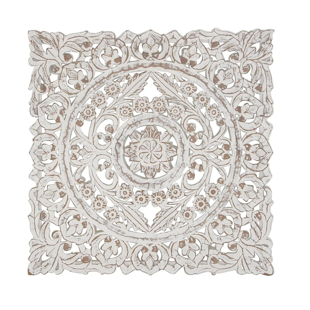 Wooden Floral Handmade Intricately Carved Home Wall Decor with Mandala Design - White - Roche River Decor