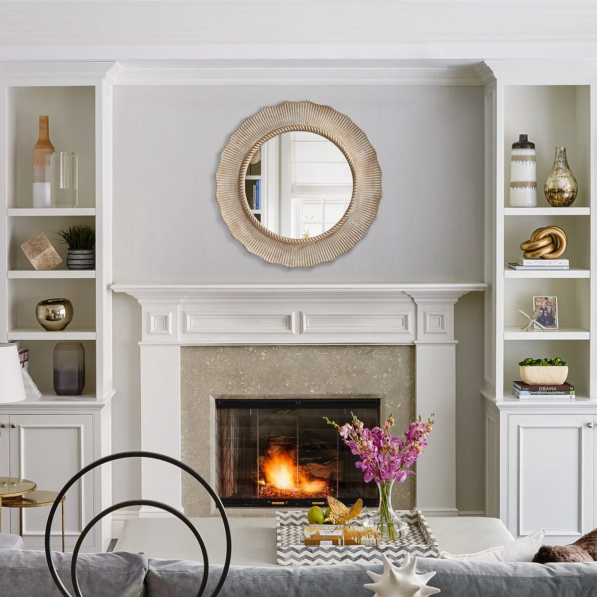30-in Bohemian Beige Round Wooden Decorative Bathroom Vanity Wall Mirror
