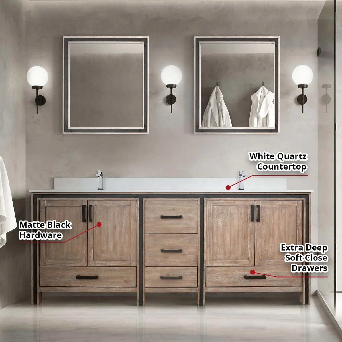 Ziva 80 in W x 22 in D White Double Bath Vanity, White Quartz Top, Faucet Set and 30 in Mirrors