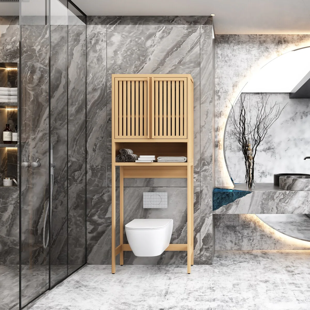 Bamboo Over The Toilet Storage Cabinet with Shelf and Double Doors