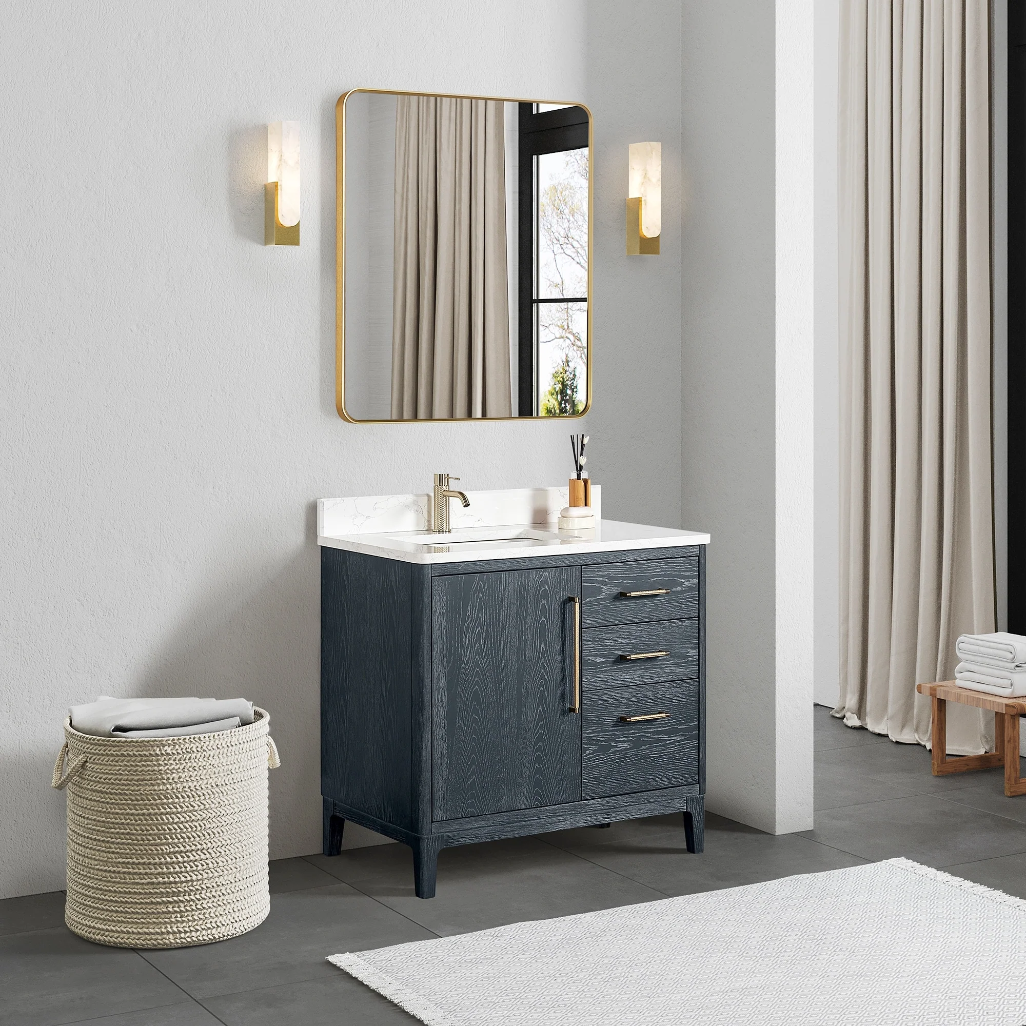 Gara Single Bath Vanity with Composite Stone Top and Mirror
