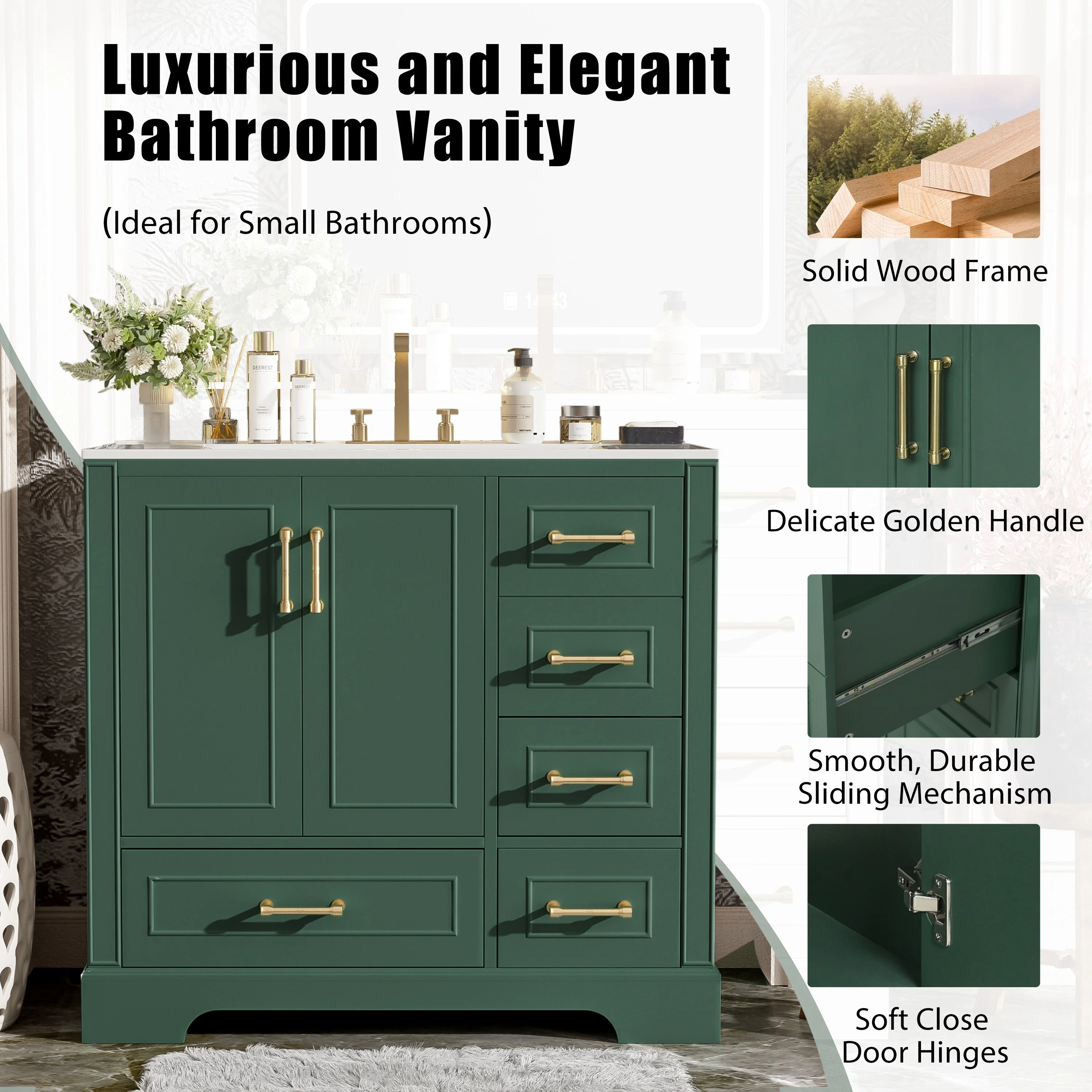 Bathroom Vanity with Resin Sink, Bathroom Vanity Set with 4 Drawers, Bathroom Storage Cabinet with 2 Soft Close Doors