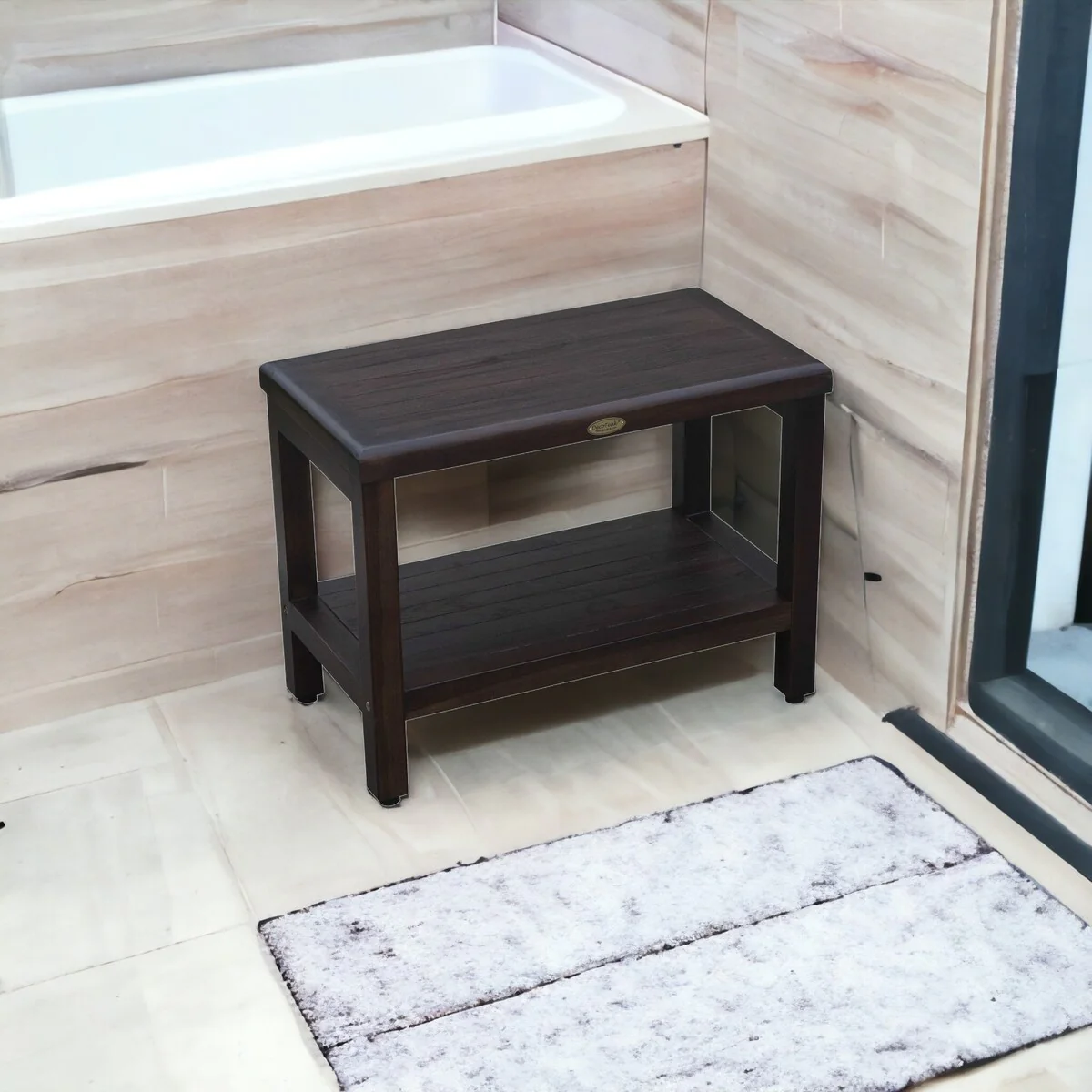 HomeRoots Compact Rectangular Teak Shower / Outdoor Bench in Brown Finish