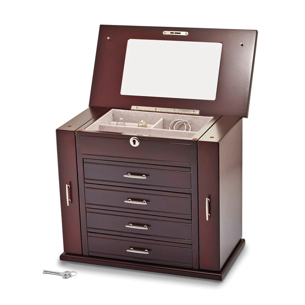 Curata Giftware Matte Mahogany Finish Poplar Veneer 4-Drawer W/Swing-Out Sides Locking Wooden Jewelry Box