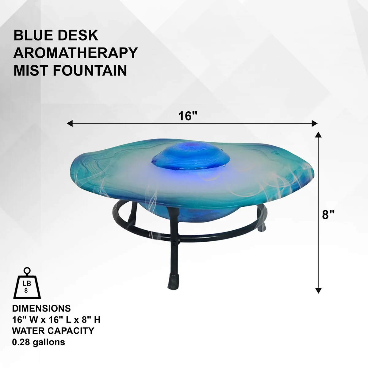 8in Tabletop Mist Fountain with LED Lights and Inline Control – Elegant Blue Glass and Metal Design, Tabletop Mist Fountain