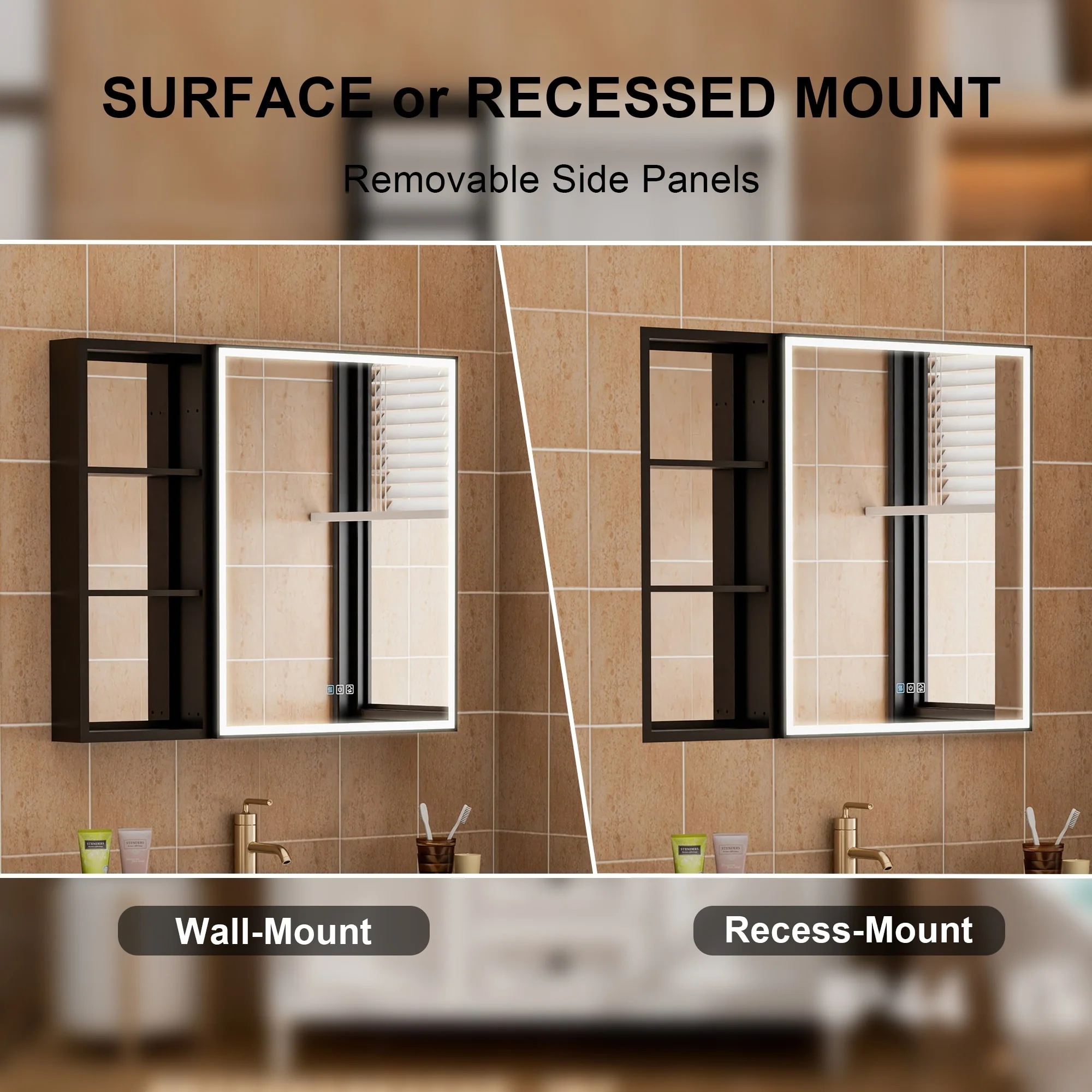 30 in. H Recessed or Surface Wall Mounted LED Mirror Cabinet With Black Side Cabinet