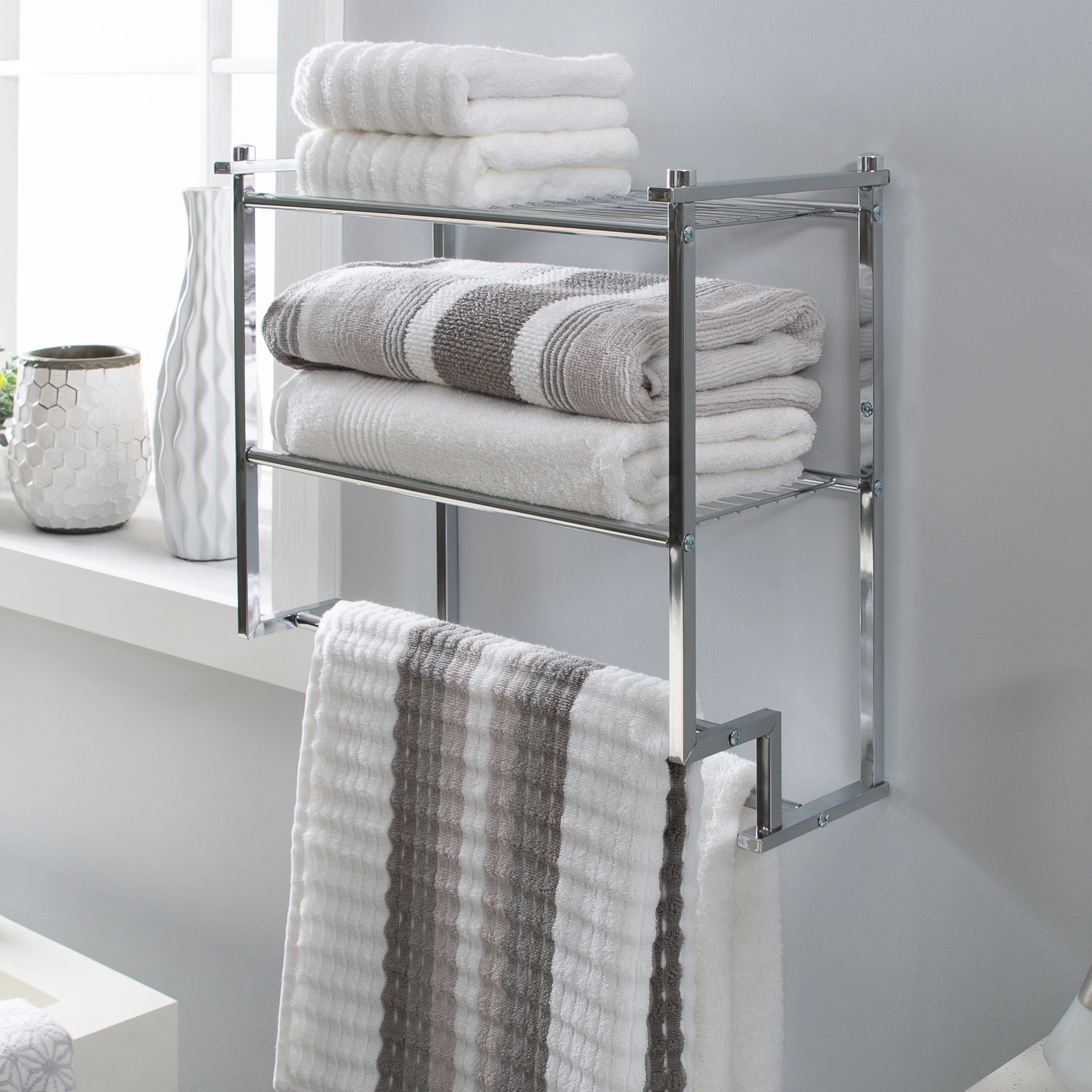 Organize It All 2 Tier Wall Mounted Shelf with Towel Rack - 17.6x9.6x18.2