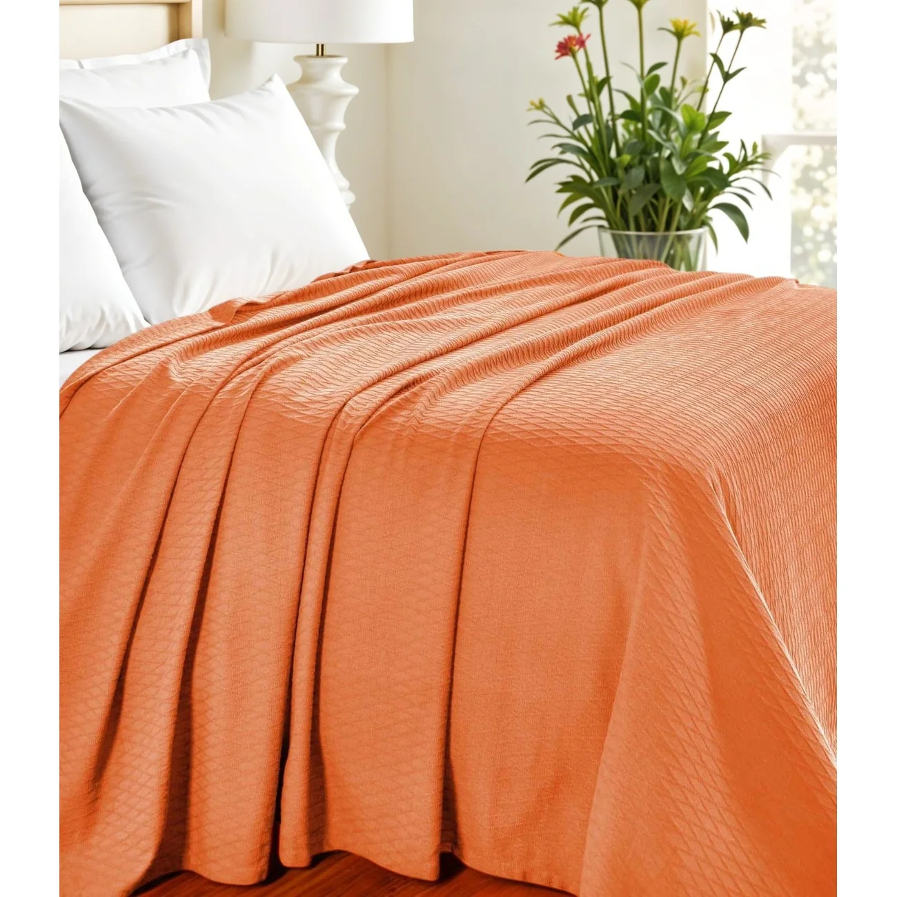 HomeRoots California King Burnt Orange Cotton Woven Geometric Blanket
