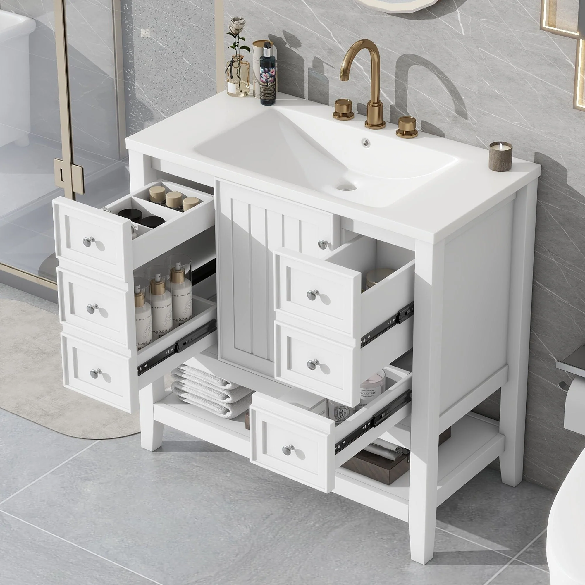 36 Inch Freestanding Bathroom Vanity Set with Drawers and Ceramic Sink