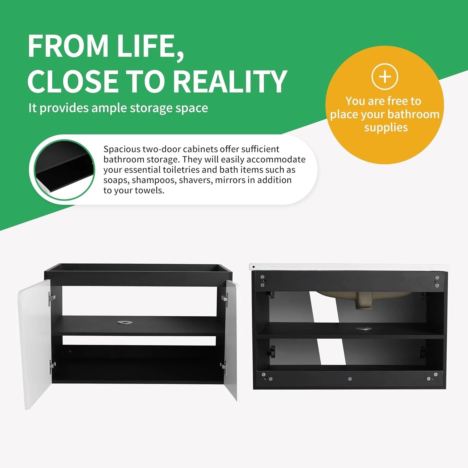 BNK 28/ 32/36/40 Inch Single Sink Bathroom Vanity with Soft Close Door, Modern Floating Vanity