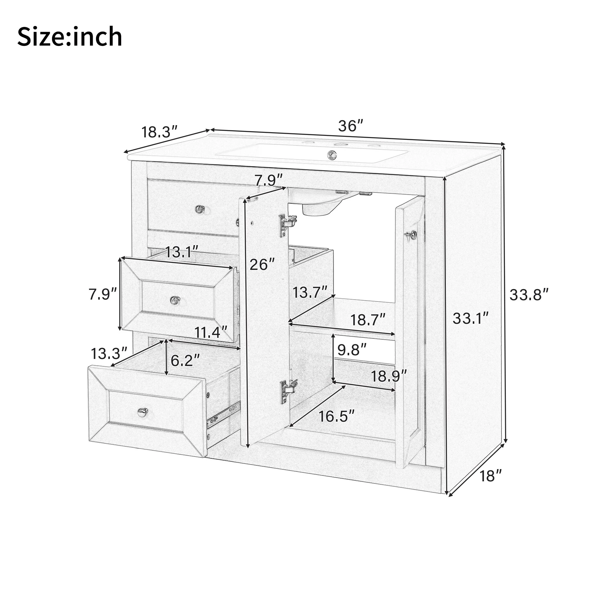 GDFStudio 36inch Bathroom Vanity with Ceramic Sink, Bathroom Storage Cabinet with 2 Drawers& Shelf