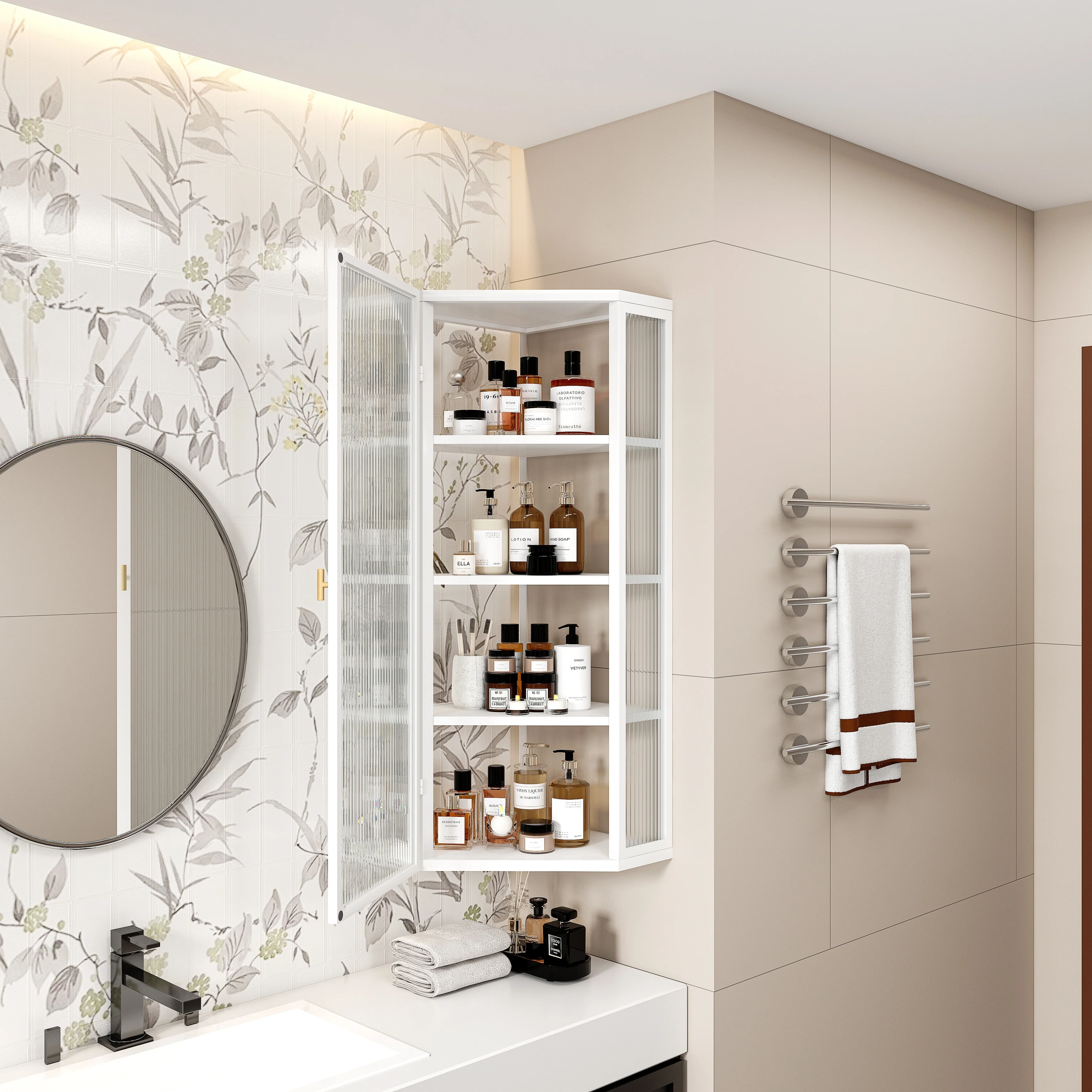 Glass Door Wall Mounted Corner Cabinet