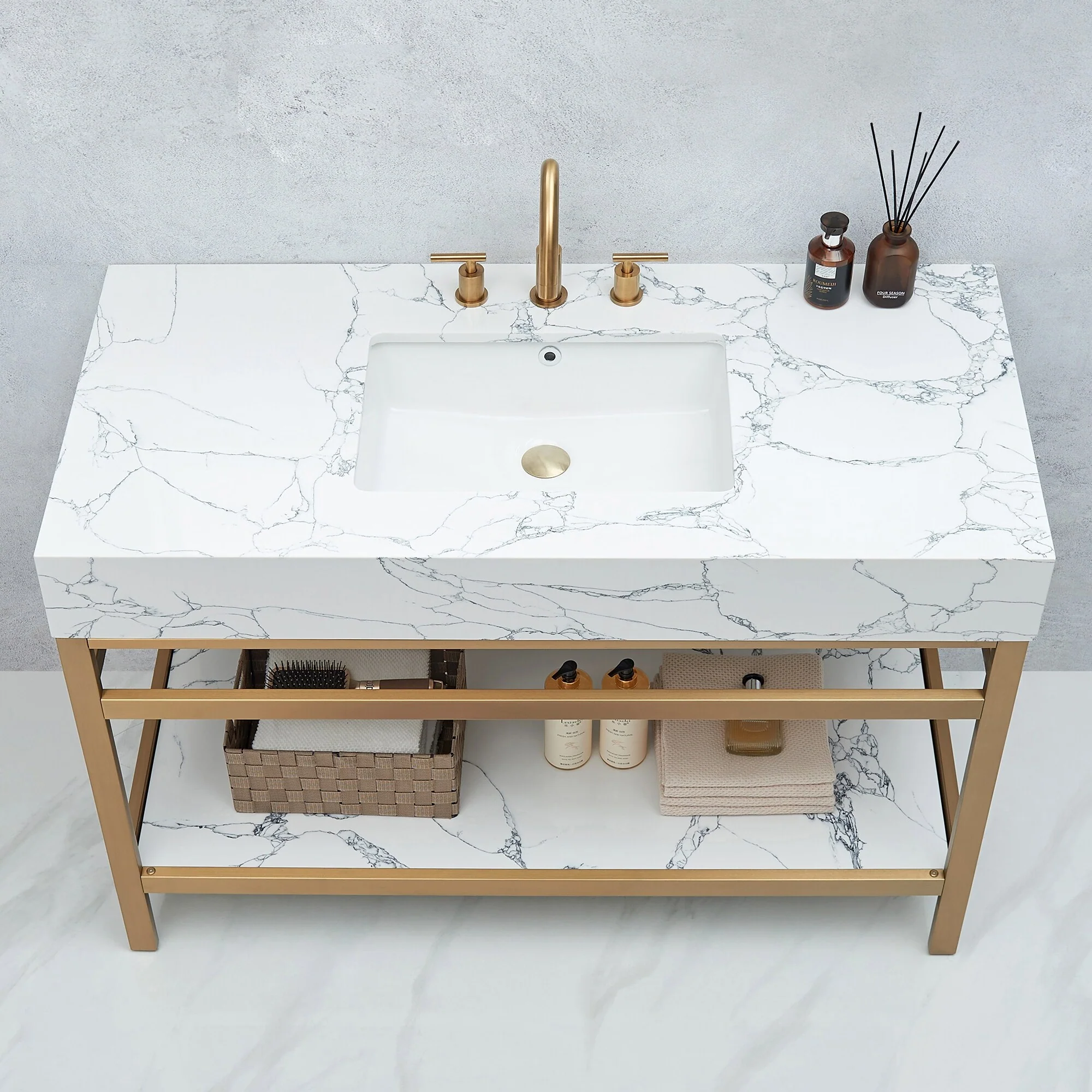Ecija Bath Vanity, Metal Support with Composite Stone Top, no Mirror