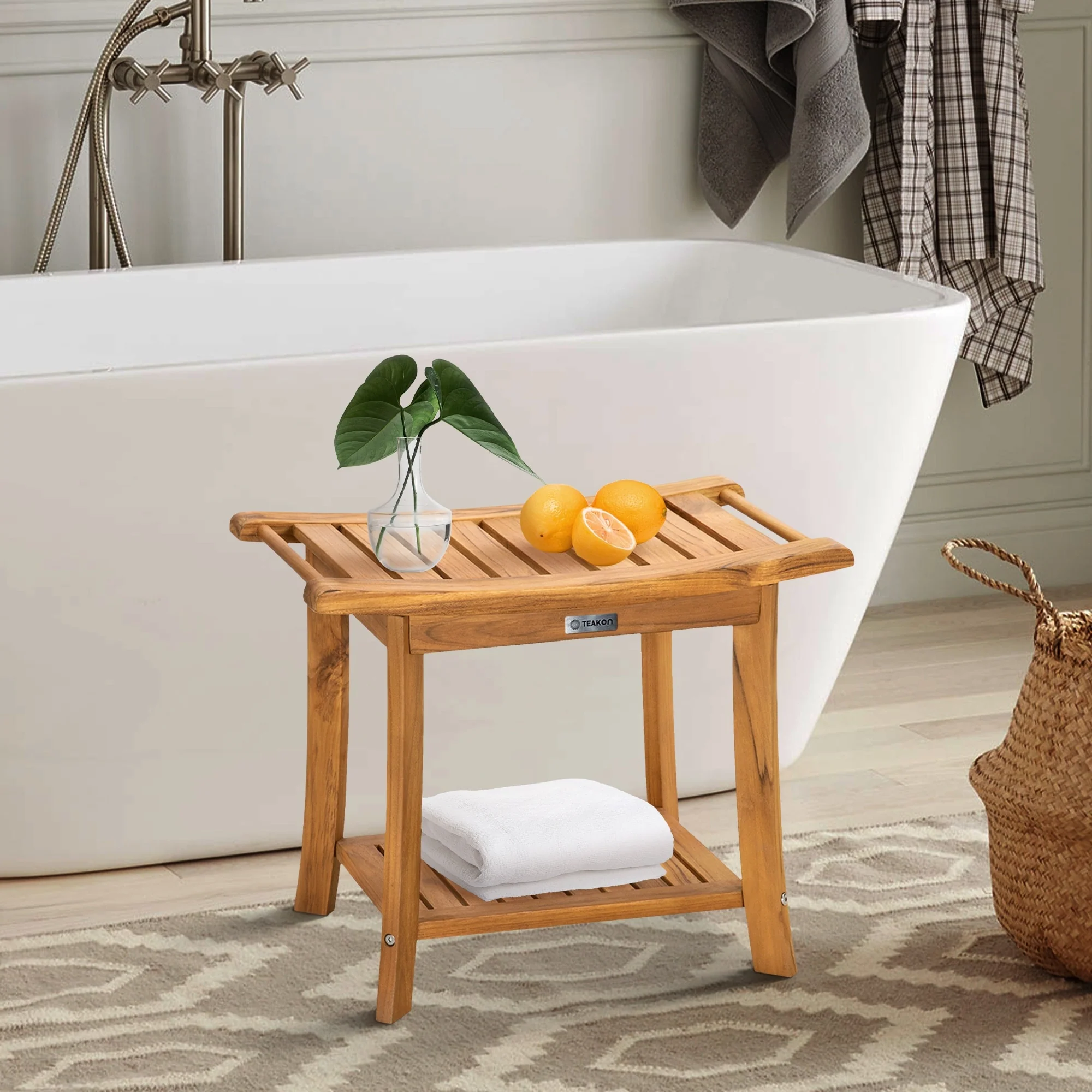 Bathroom Stool with Storage Shelf, Teak Shower Bench Waterproof Wood Bench, Shower Seat