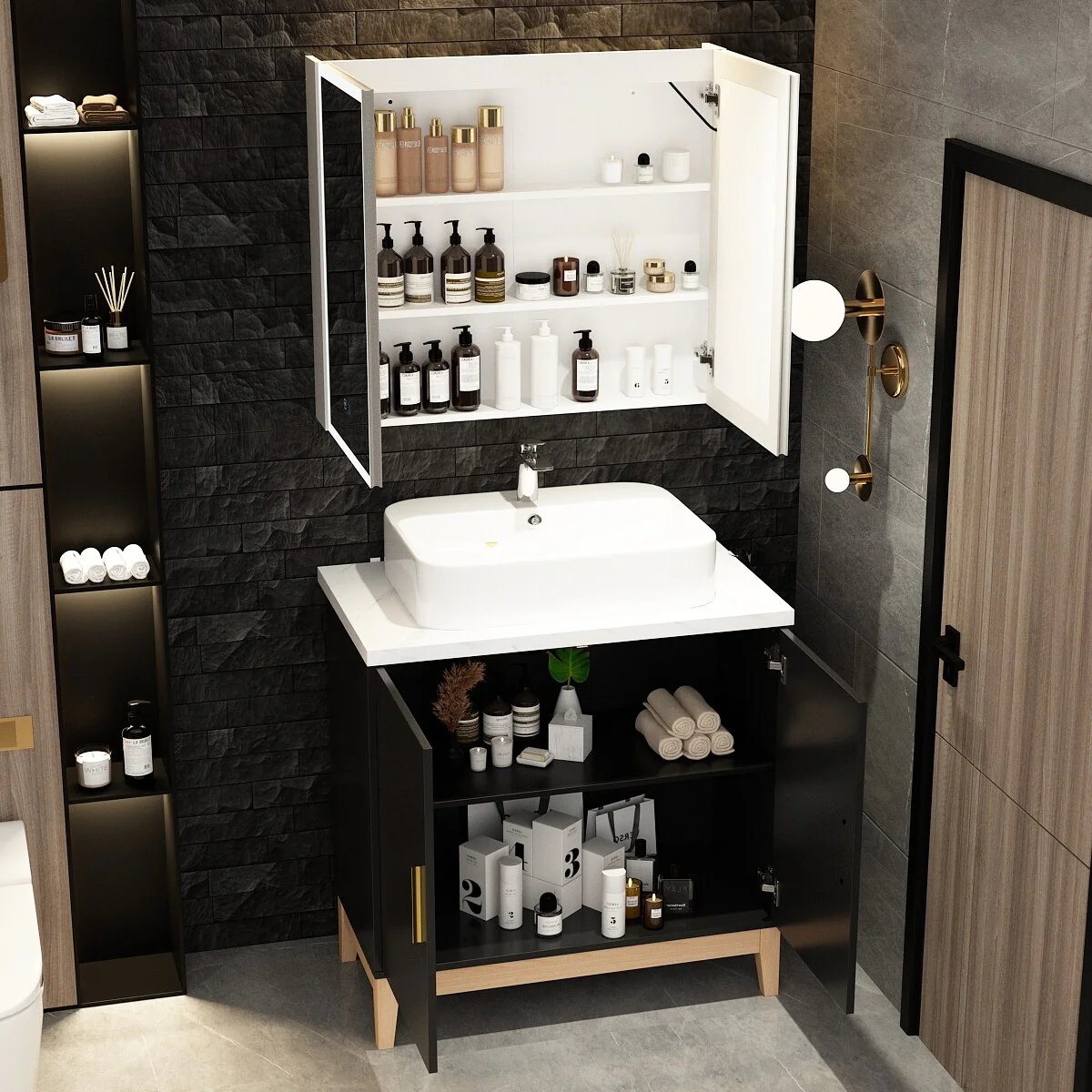 Complete Bathroom Vanity and LED Medicine Cabinet Ensemble