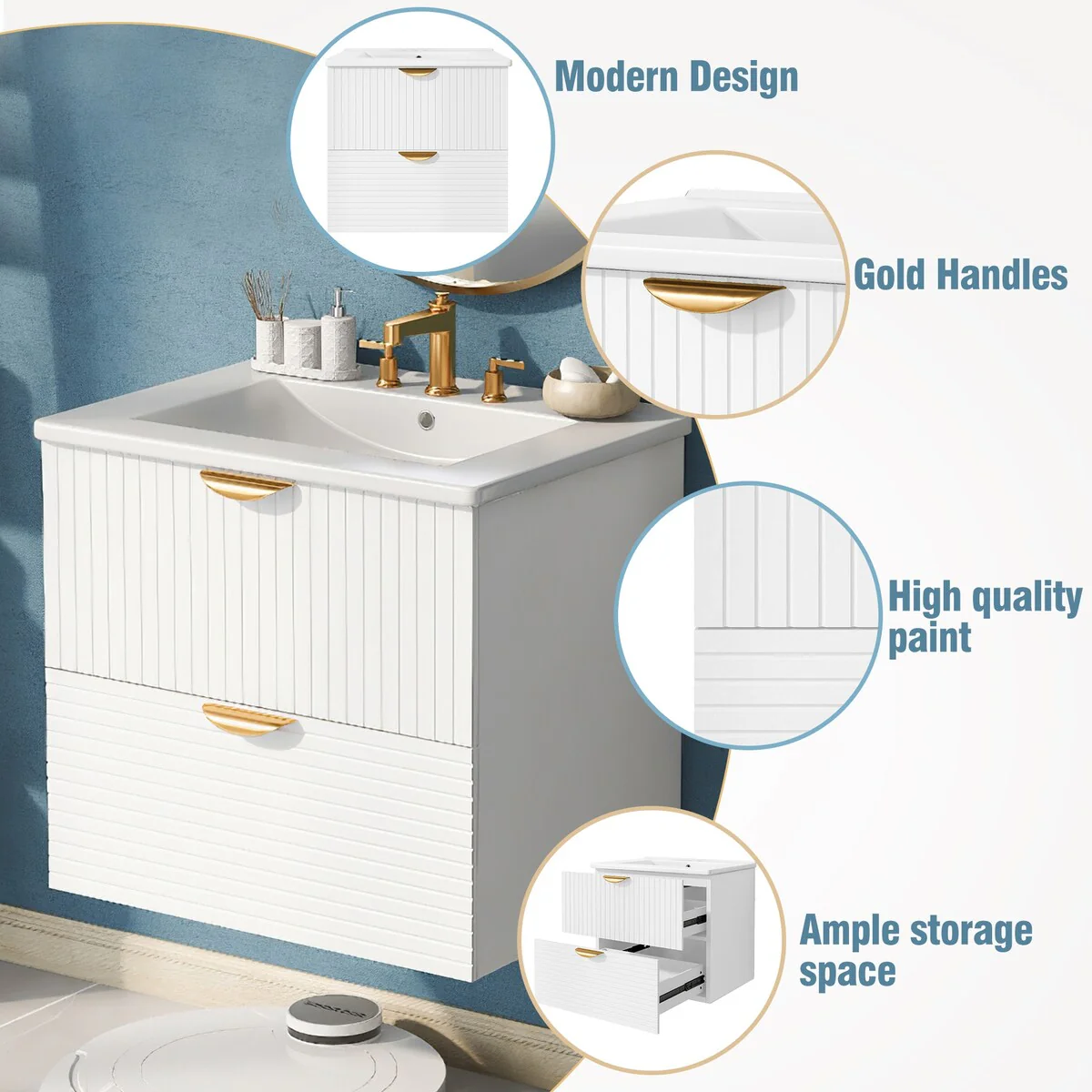 Modern 24 Inches MDF Wall-Mounted Bathroom vanity with Ceramic Sink and 2 Drawers