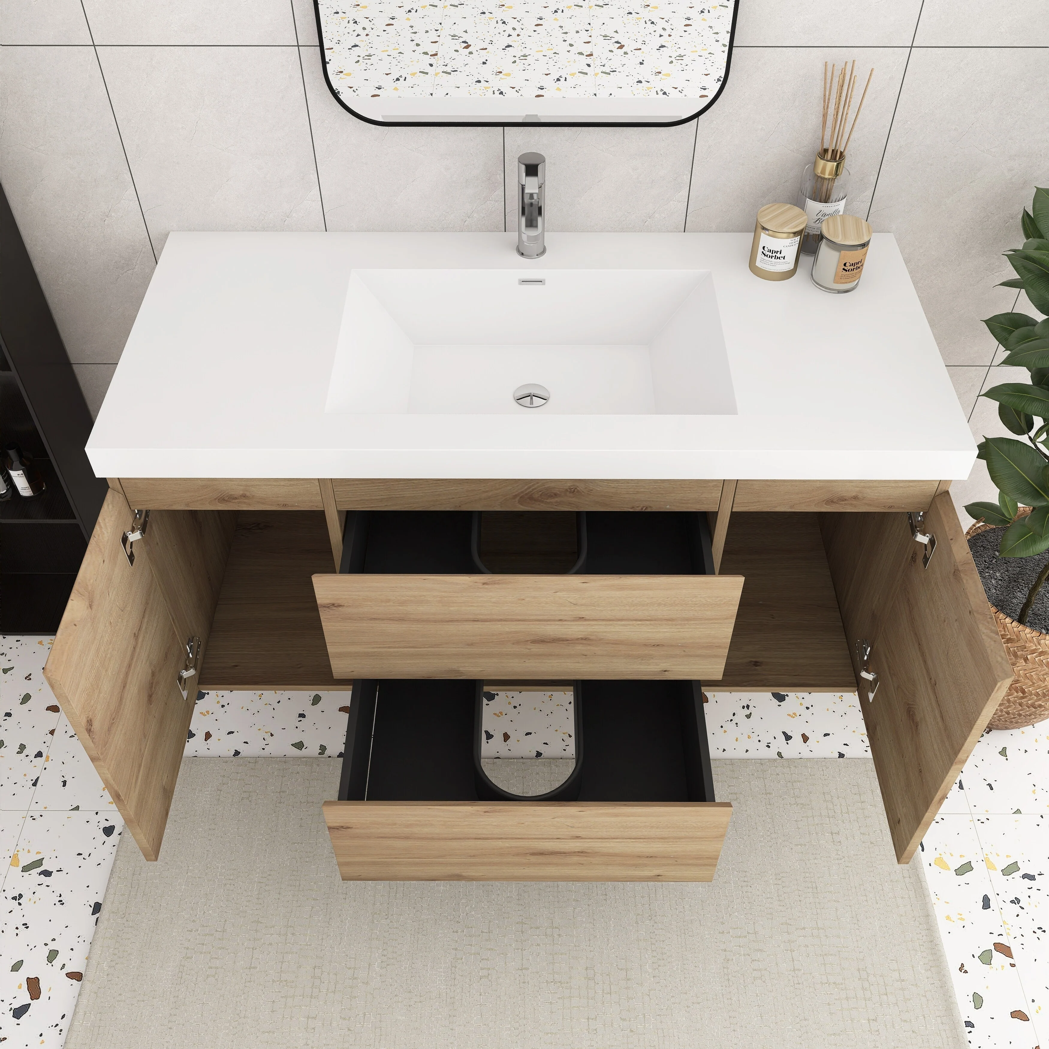 Angela Wall Mounted Bathroom Vanity in F. Oak with White Cultured Marble Top