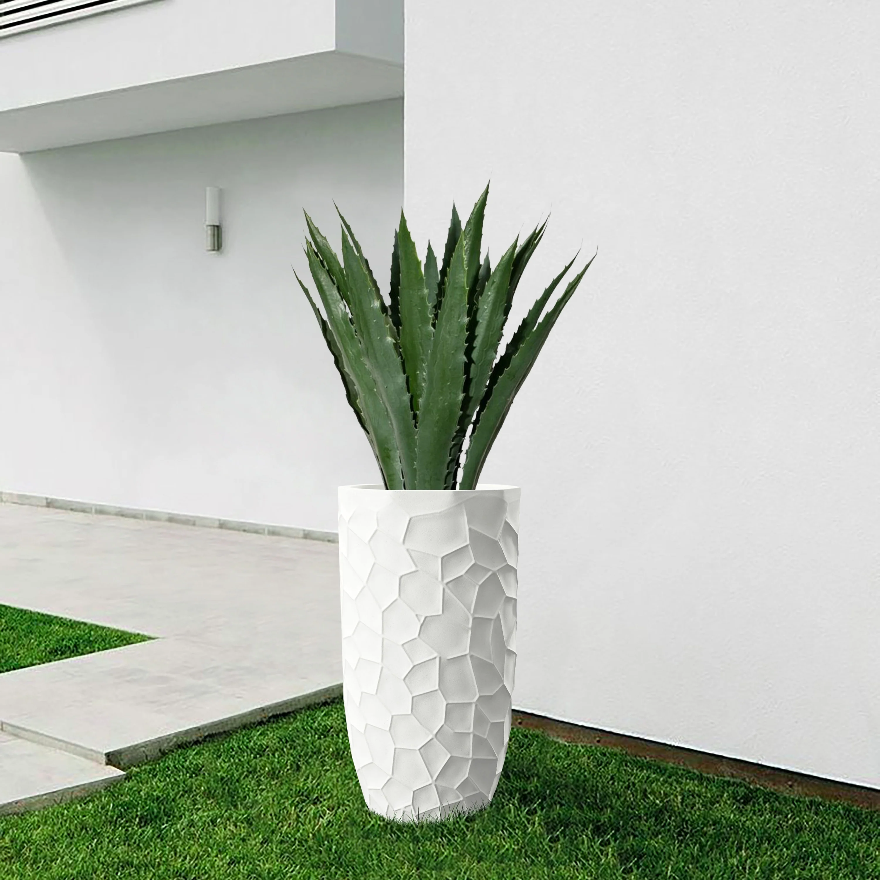 White MgO Geometric Pattern Round Tall Planter - 22