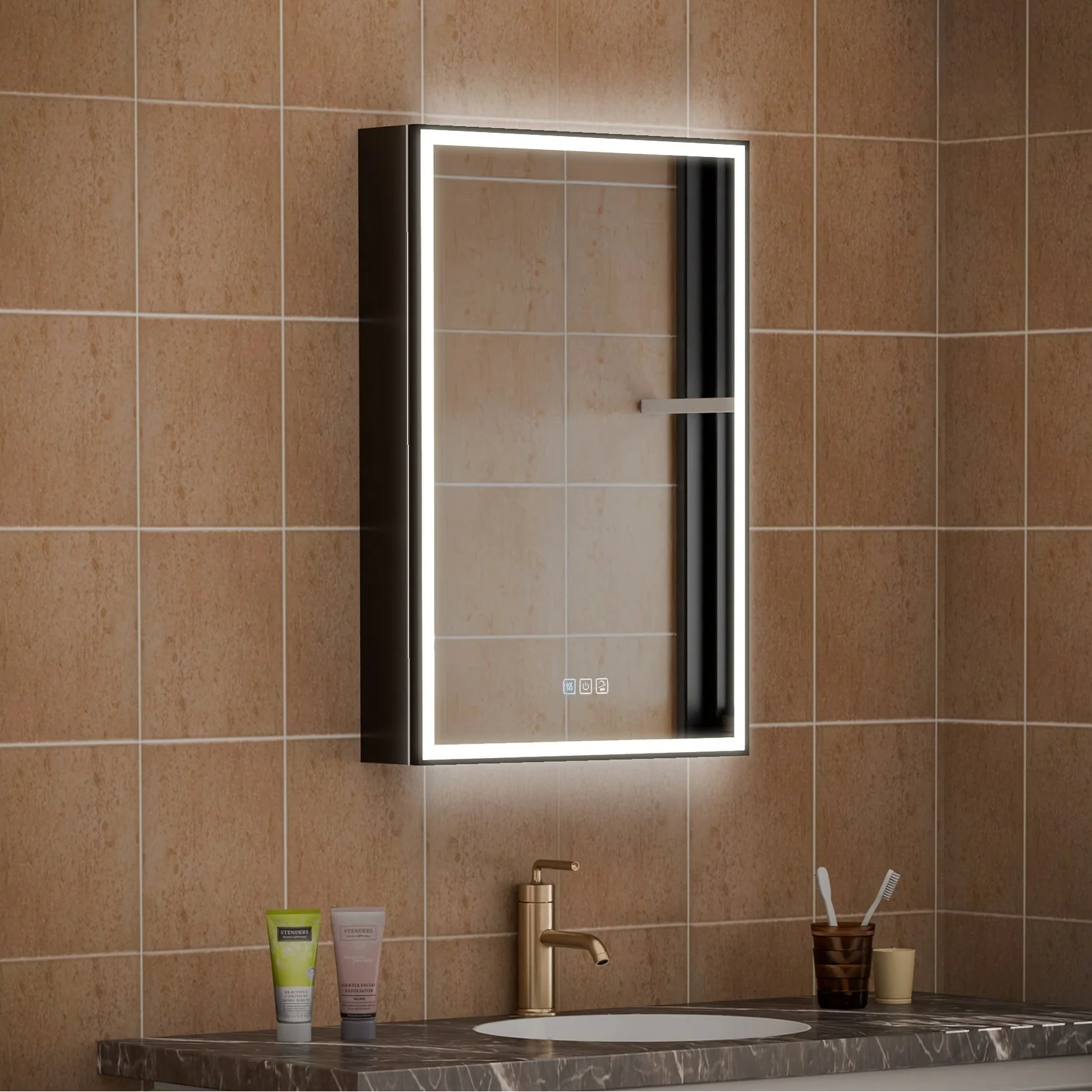 30'' H Recessed Or Surface Wall Mounted LED Mirror Cabinet With Mirror And Adjustable Shelves,Black Frame