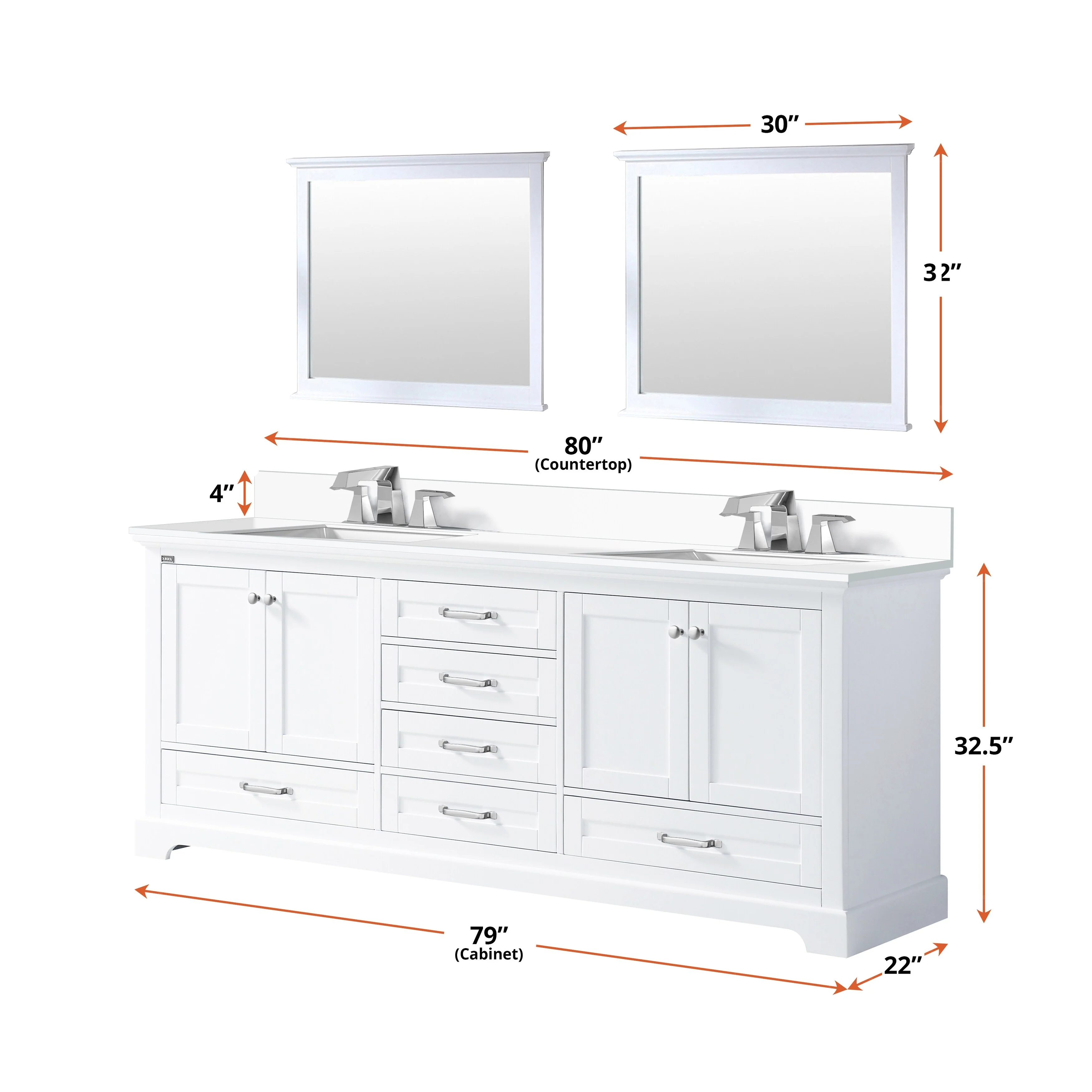 Dukes 80 in. W x 22 in. D White Double Bath Vanity and White Quartz Top