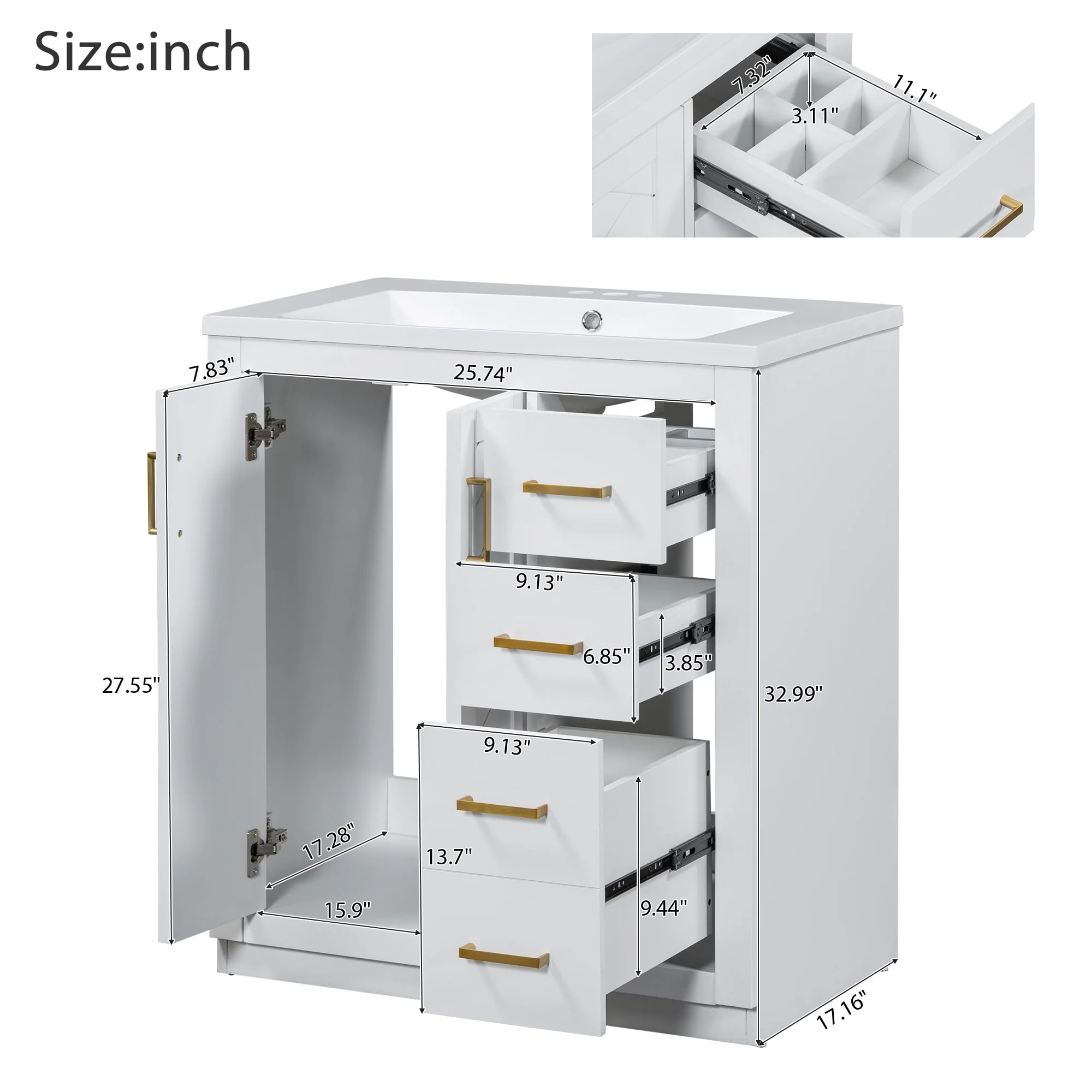 30'' Bathroom Vanity with Storage Cabinet and 3 Drawers