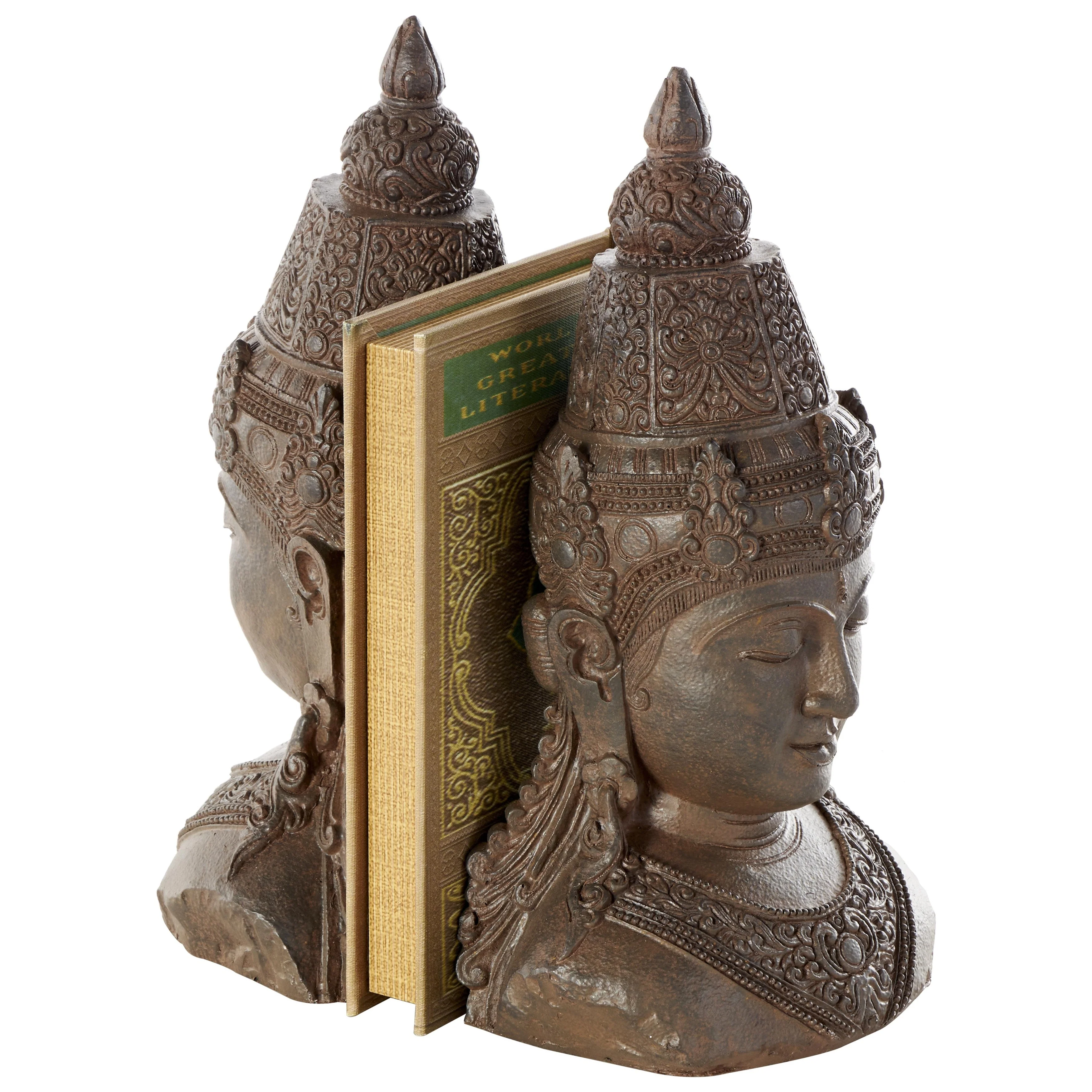 Resin Buddha Weathered Decorative Bookends with Intricate Carvings - Set of 2 Bronze - Roche River Decor