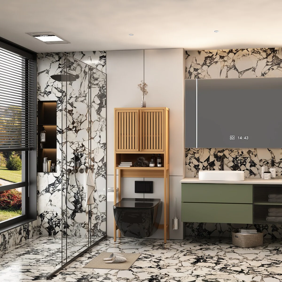 Bamboo Over The Toilet Storage Cabinet with Shelf and Double Doors