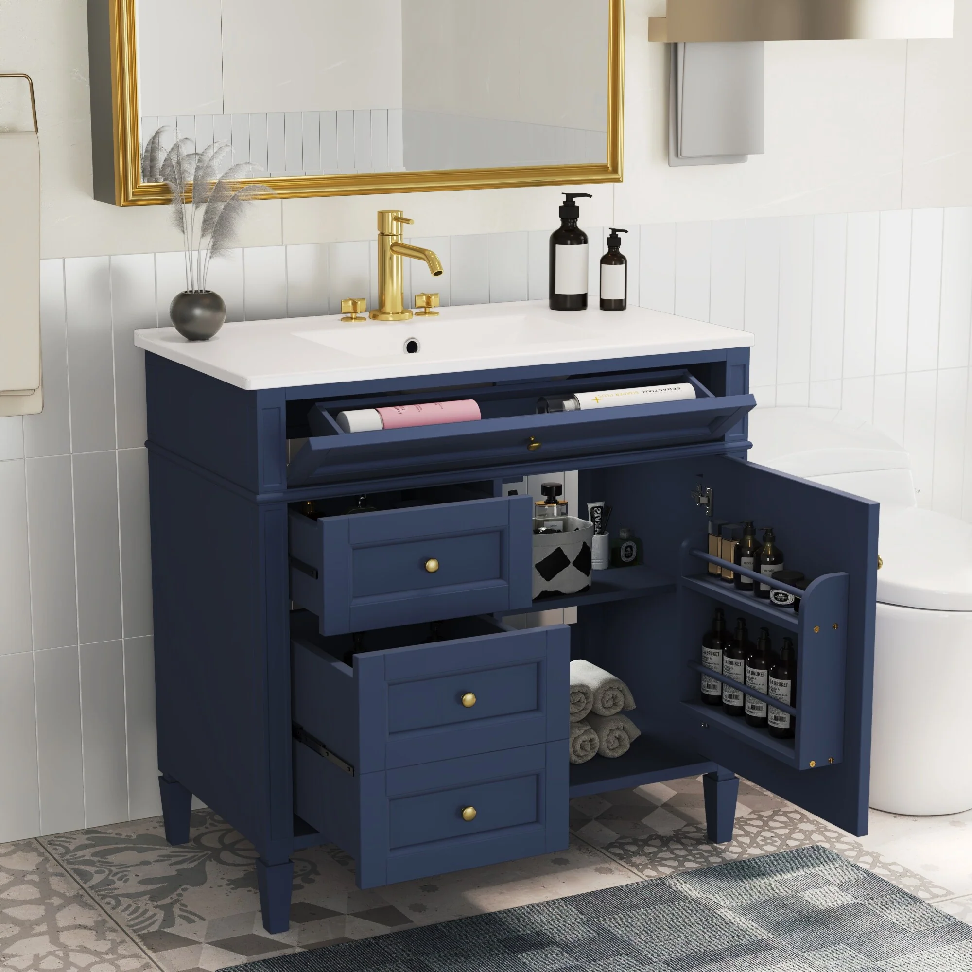Bathroom Vanity with Single Sink, Bathroom Vanities with 2 Drawers, Bathroom Storage Cabinet with 1 Tip-Out Drawer and 1 Door