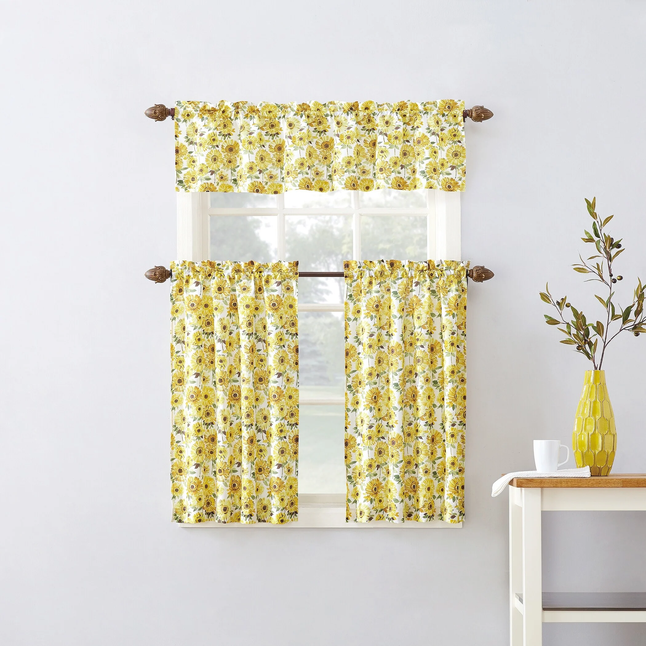 No. 918 Sunny Sunflower Print Semi-Sheer Rod Pocket Kitchen Curtain Valance and Tiers Set