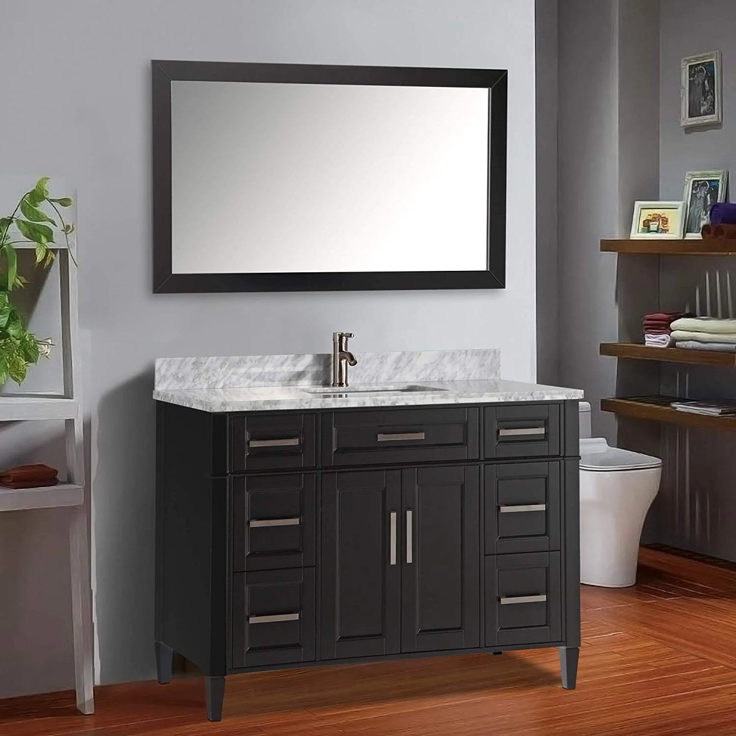 Vanity Art 60-Inch Single Sink Bathroom Vanity Set Carrara Marble Stone Top 7 Drawers 1 Shelf Undermount Sink with Free Mirror