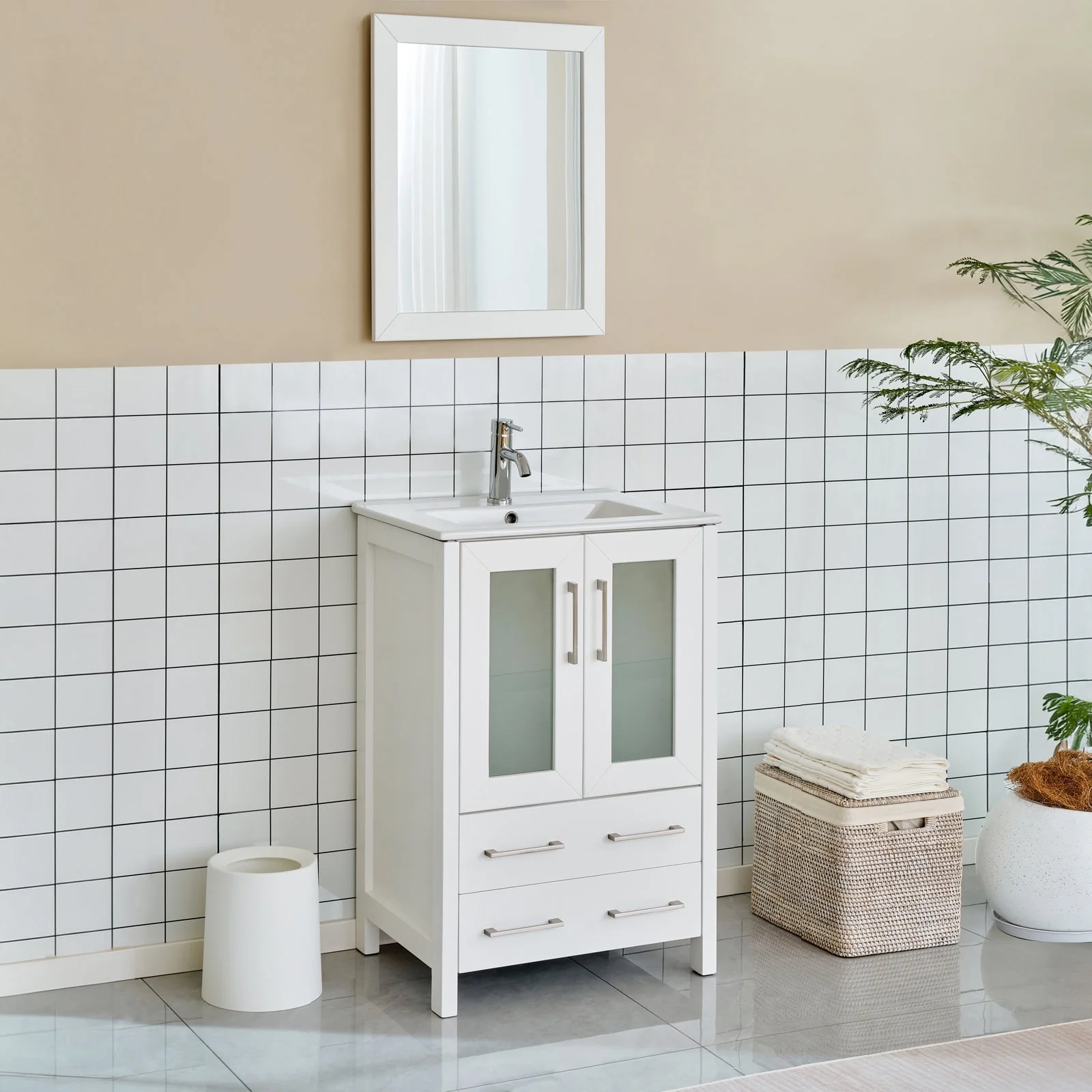 Vanity Art 24-Inch Single Sink Bathroom Vanity Set 2 Drawers, 1 Cabinet, 1 Shelf, Soft-Closing Doors with Free Mirror