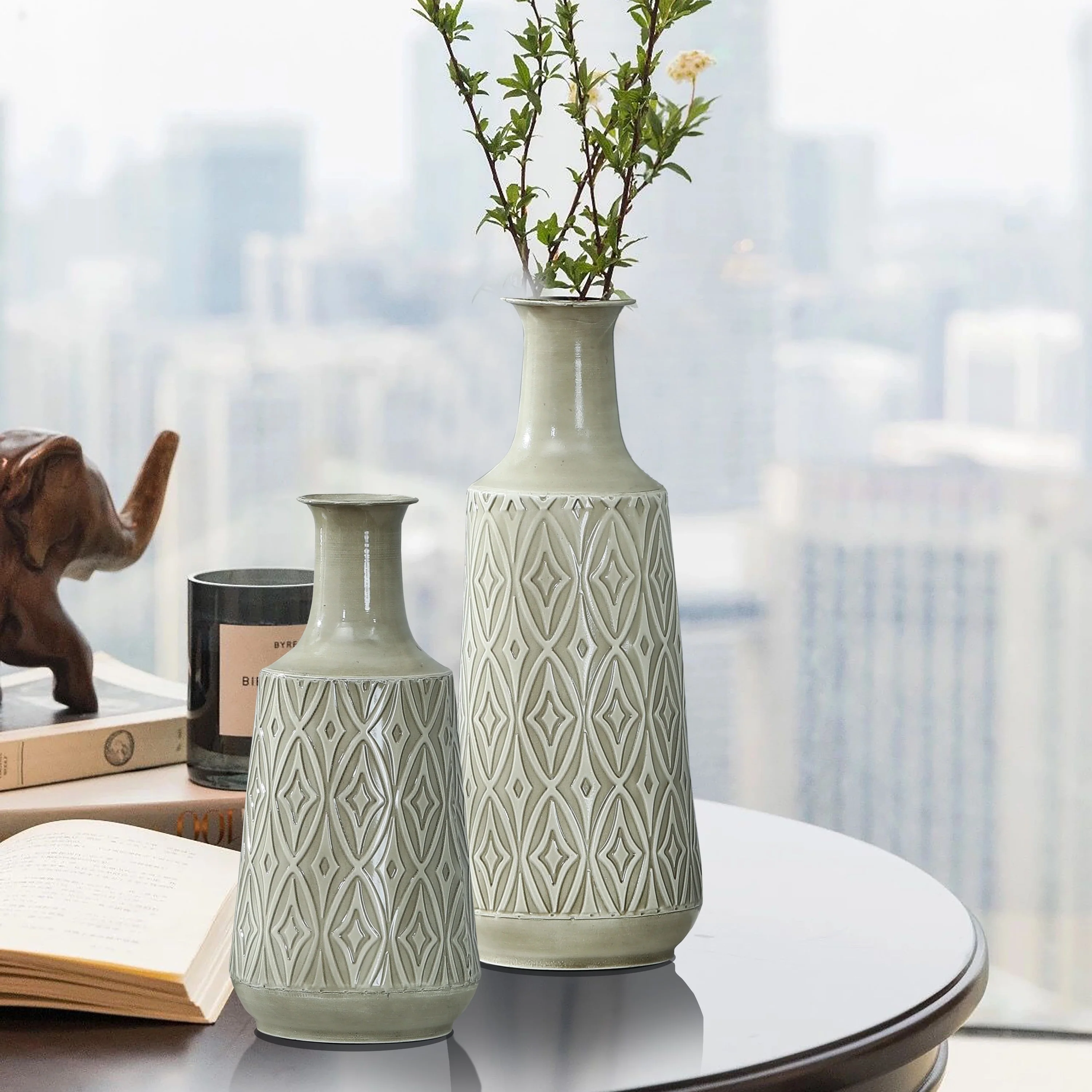 Vintage Grey and Green Metal Bottle Vases (Set of 2)