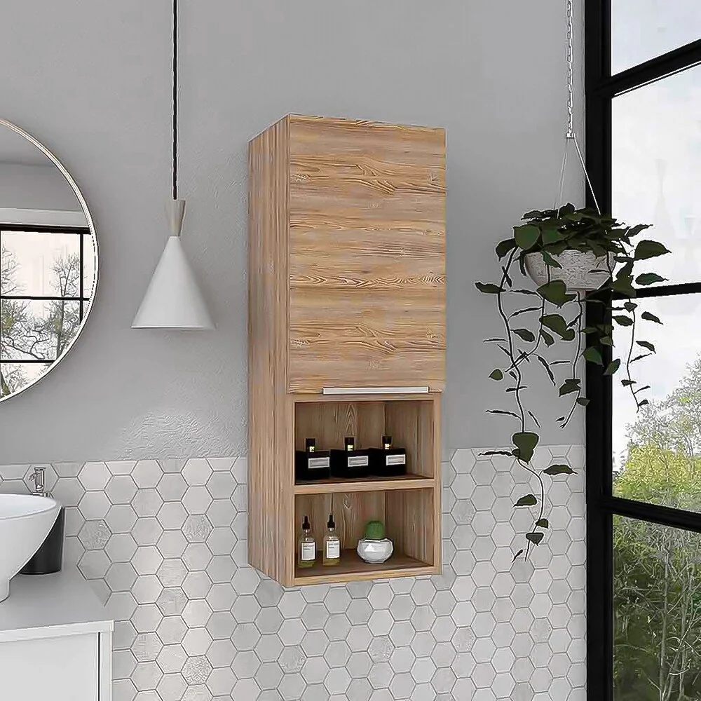 Modern Wood Medicine Cabinet, Compact Bathroom Medicine Cabinet with 1 Door and Open Shelves, 32.08 