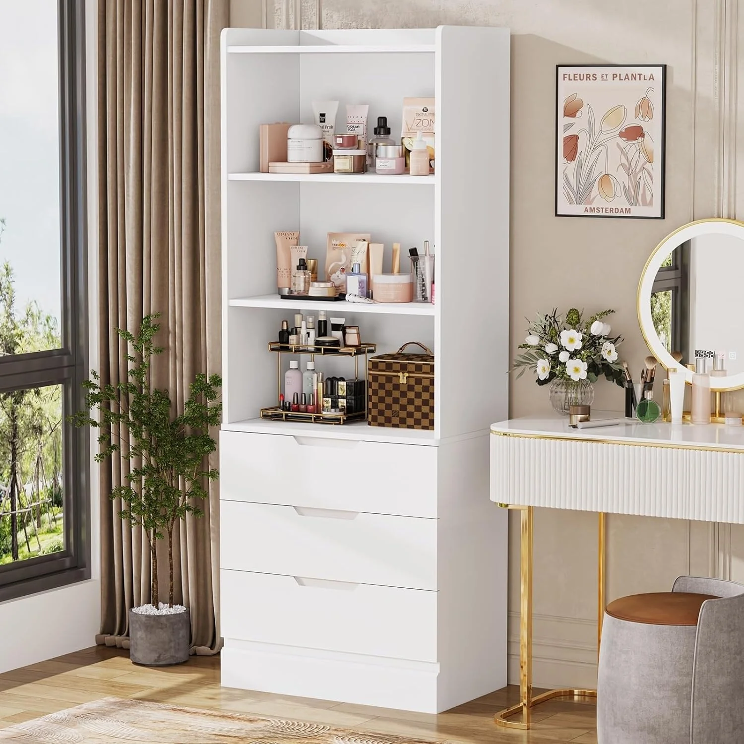 Kitchen Storage Cabinet Bookcase 3 Drawers Open Shelves - N/A