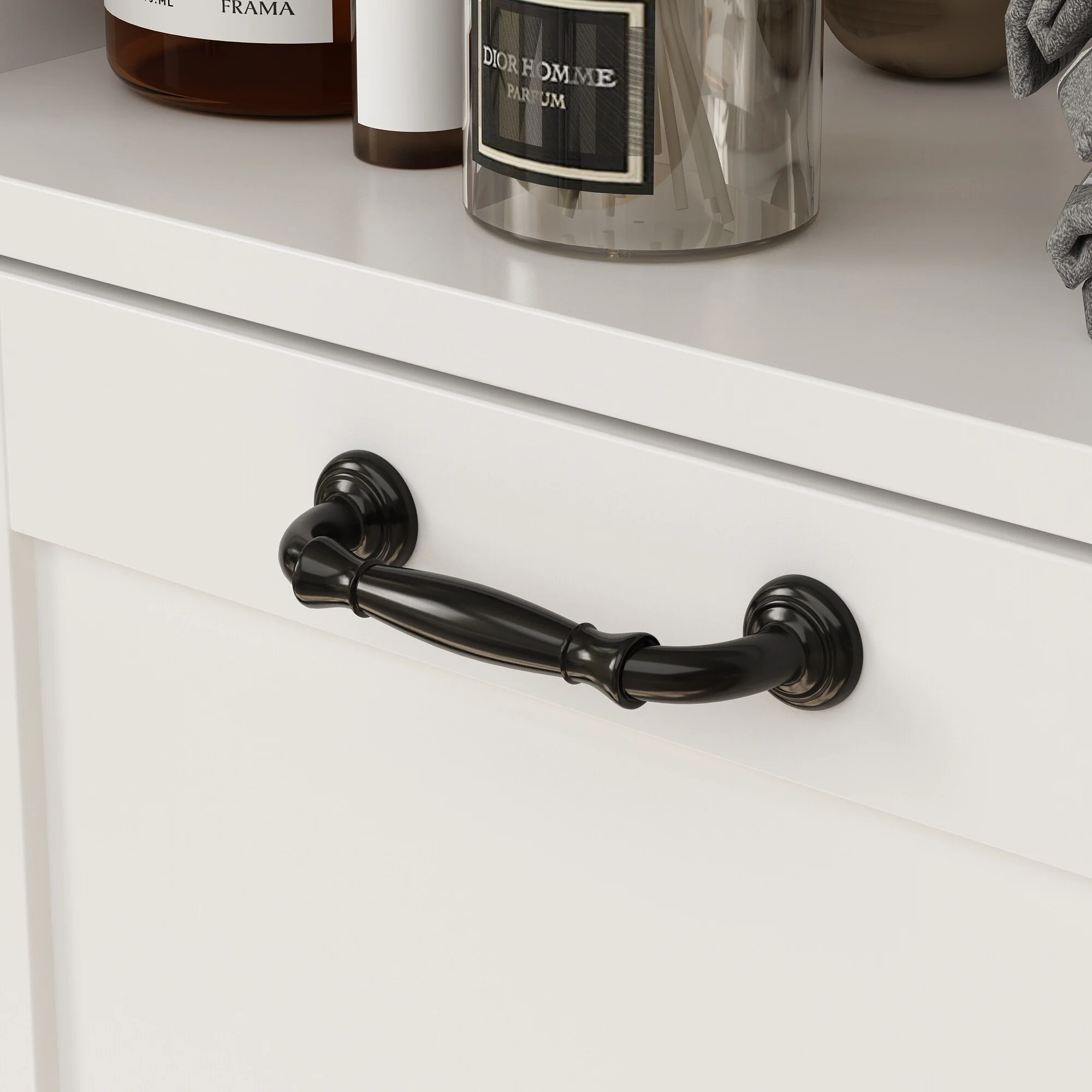 Sleek White Laundry Bathroom Cabinet with Unique Rotating Drawers