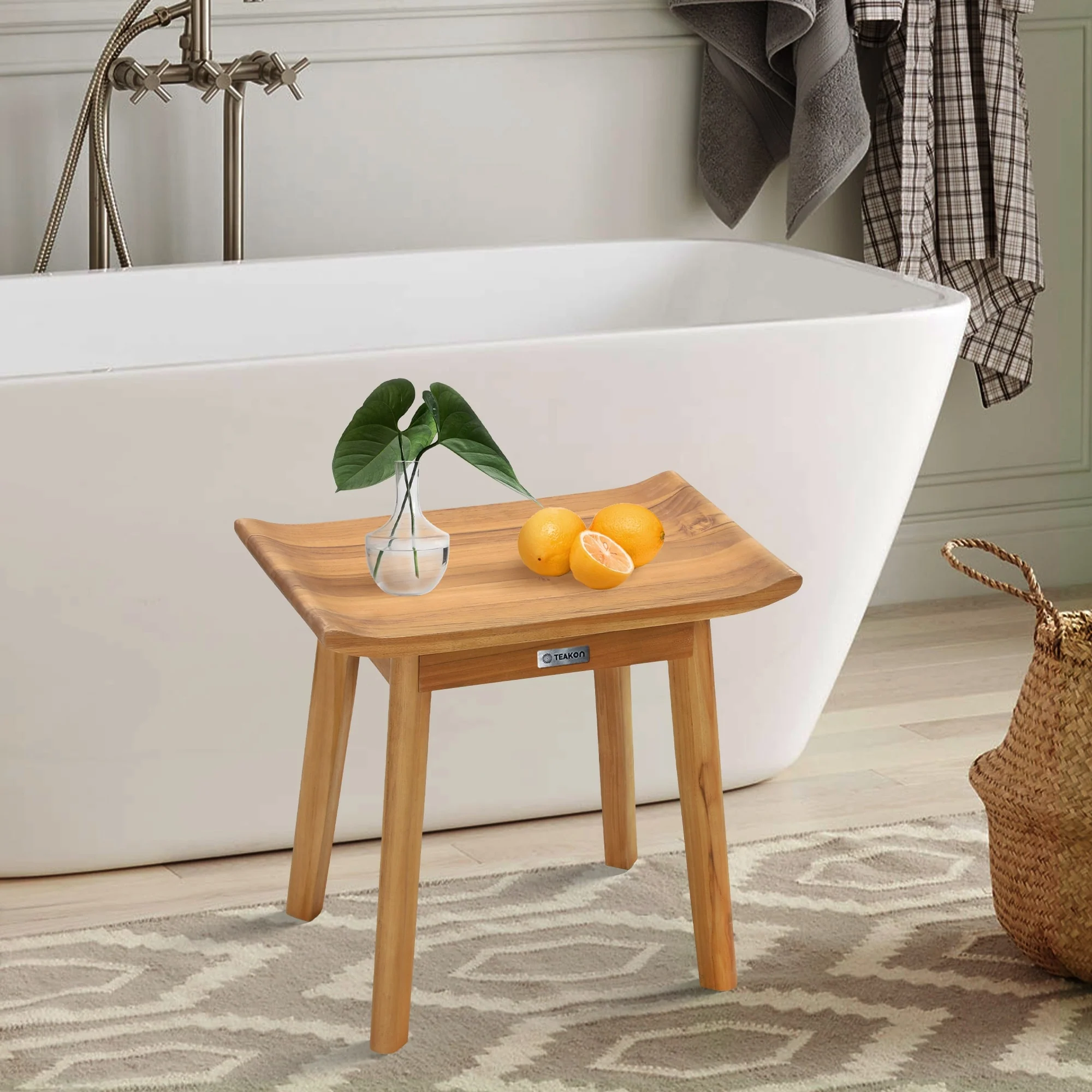 Bathroom Stool with Storage Shelf, Teak Shower Bench Waterproof Wood Bench, Shower Seat