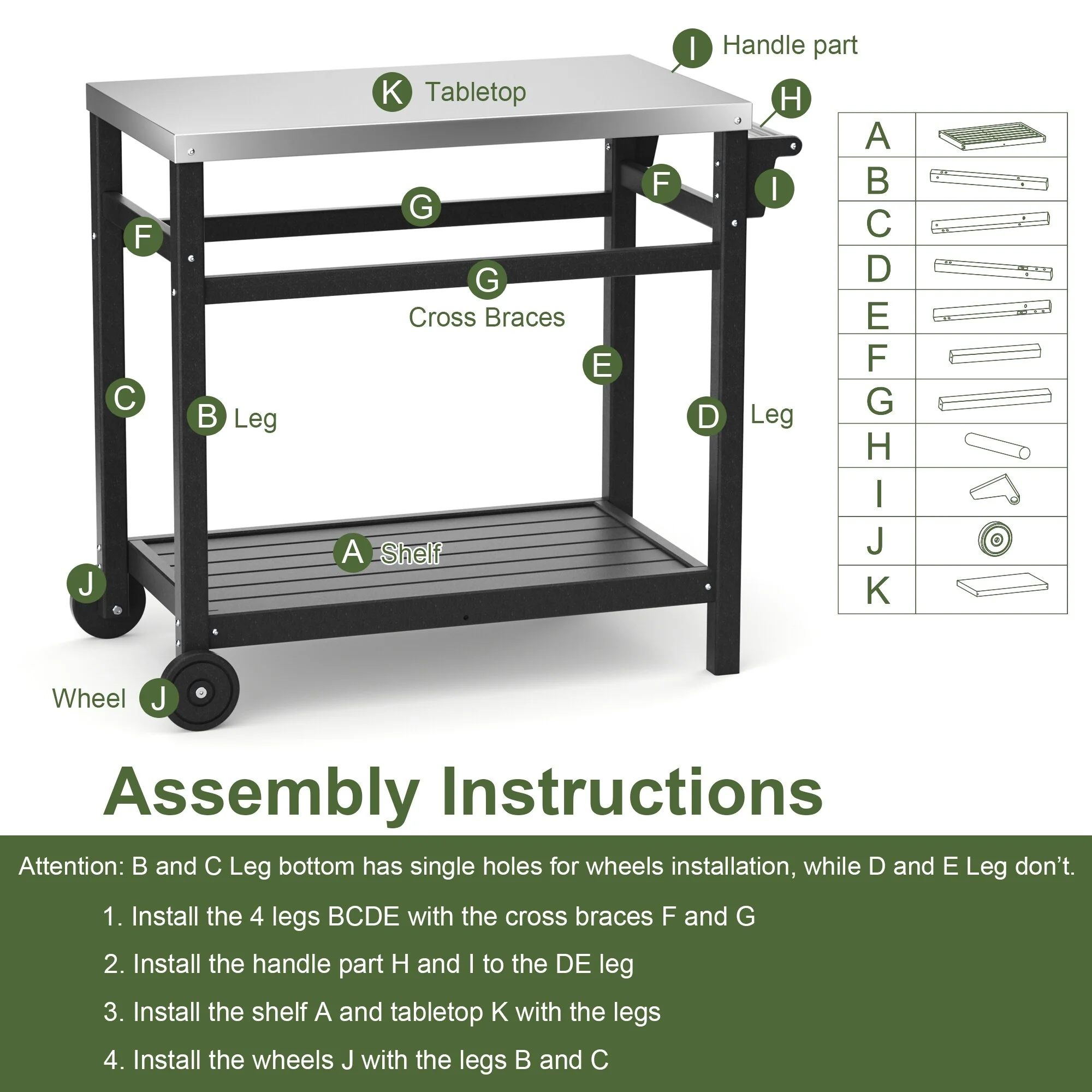Outdoor Black Steel Movable Dining Cart Table for Patio Grilling
