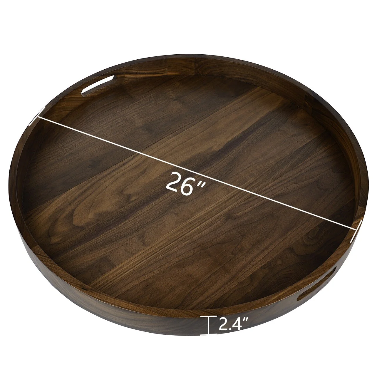 KINWELL Round Black Walnut Wood Serving Tray Ottoman Tray with Handles