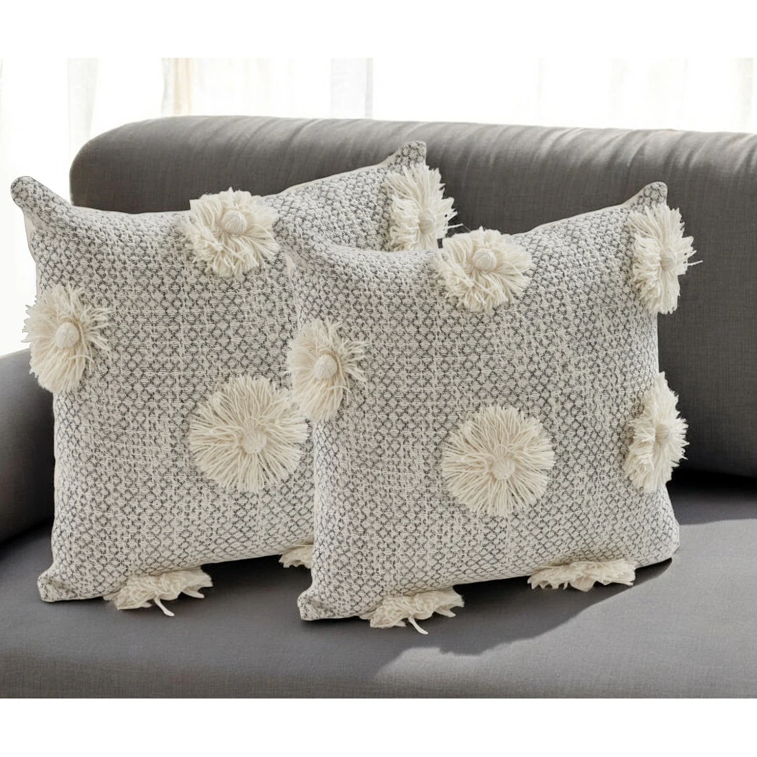Set of Two Gray and Ivory Floral Cotton Throw Pillow With Fringe