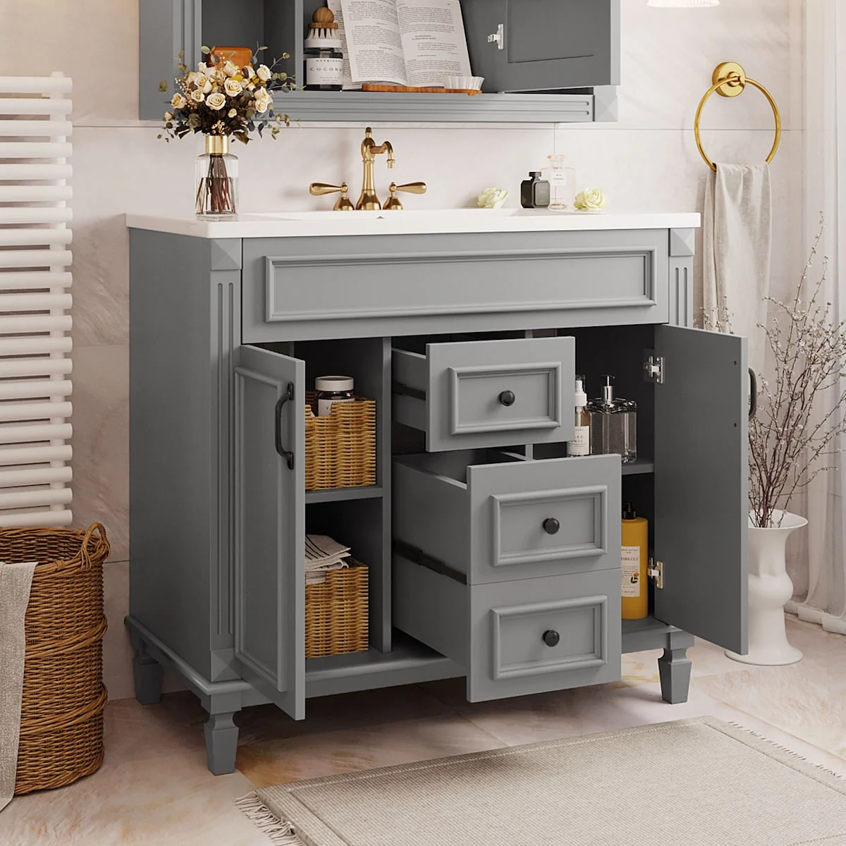 Modern Bathroom Storage Vanity with Top Sink, 2 Soft Closing Doors & 2 Drawers